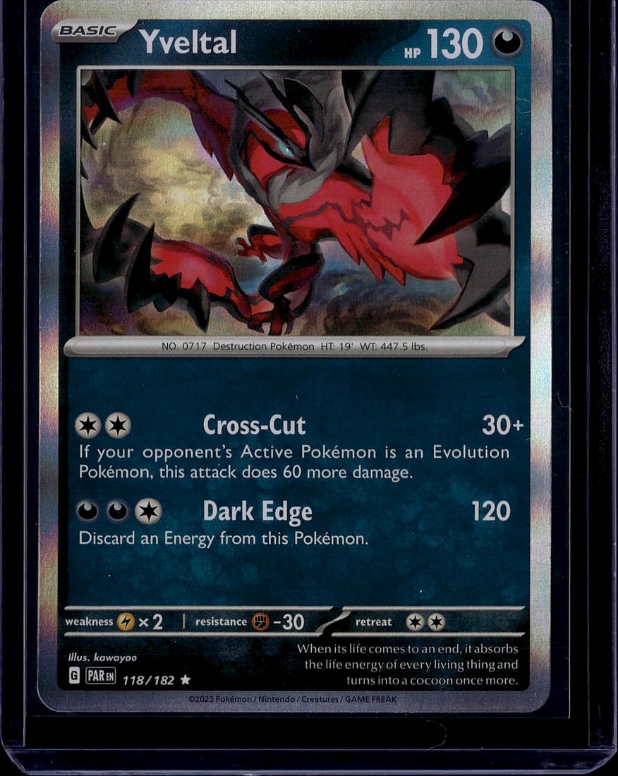 2023 Pokemon Paradox Rift Yveltal 118/182 Near: This is a raw Yveltal Pokemon Trading Card from the Scarlet & Violet set, card number 118/182. Yveltal is a Basic Darkness-type Pokemon with 130 HP, featuring the iconic red and black Destruction Poke
