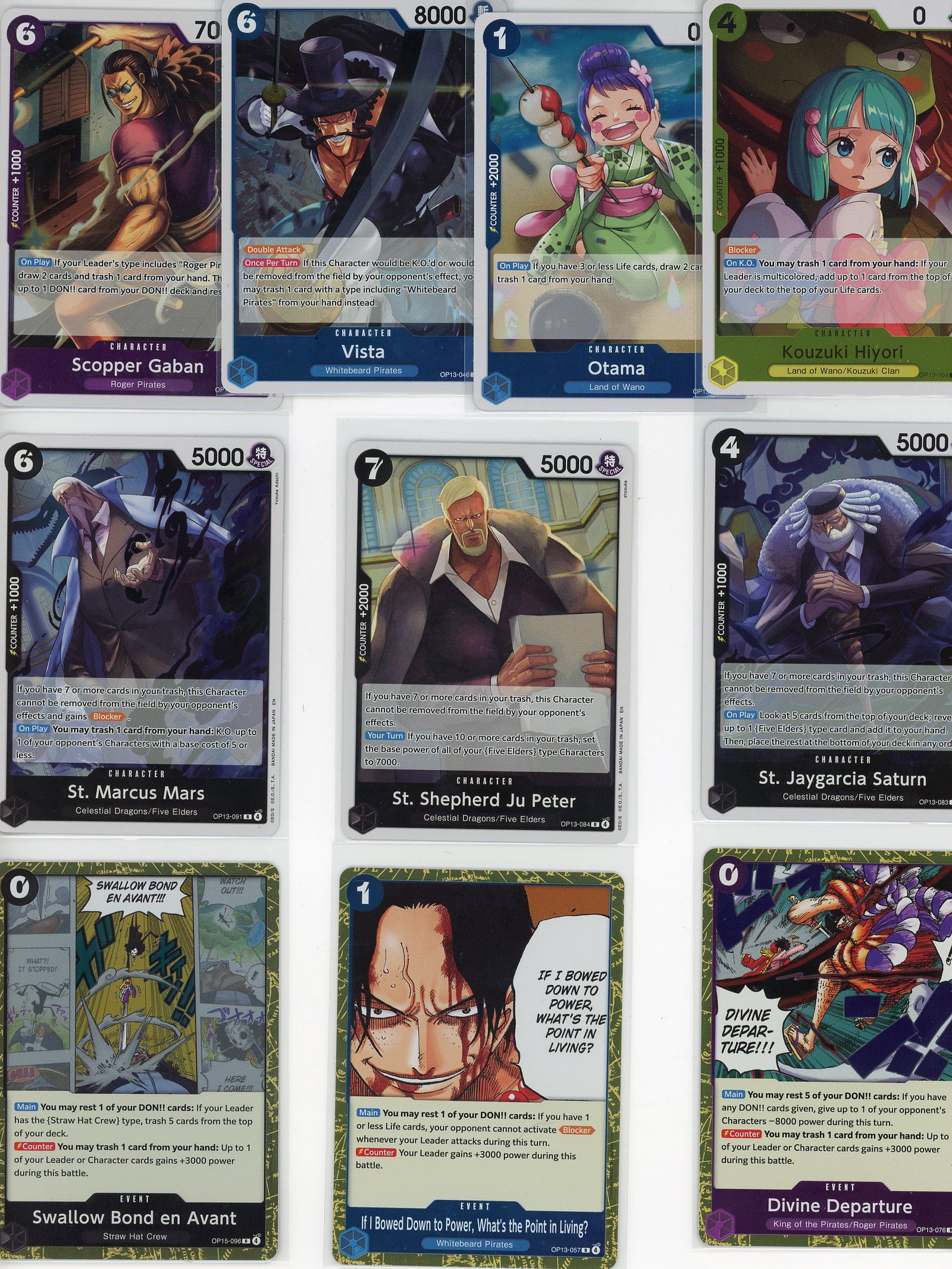 Lot of 10 One Piece Foil Trading Cards - Bandai: This lot contains 10 One Piece foil trading cards from the Bandai Trading Card Game. The collection features iconic characters from the series including Scooper Gaban, Vista, Otama, Kouzuki Hiyori, St