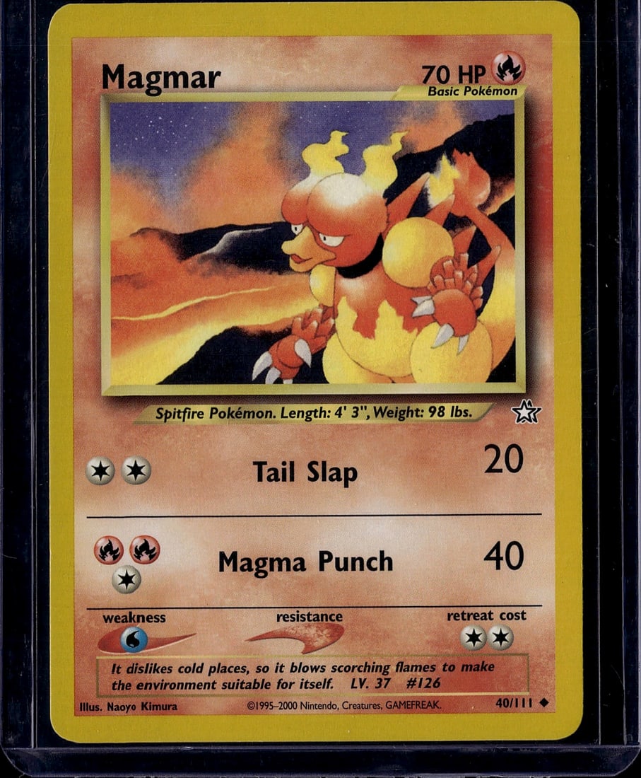 Magmar Base Set 40/111 Pokemon Card 70HP Fire: This is a vintage Magmar Pokemon card from the Base Set, released in 2000 by Nintendo and GAMEFREAK. The card features Magmar, a Fire-type Spitfire Pokemon with 70 HP, showcasing the classic artwork b