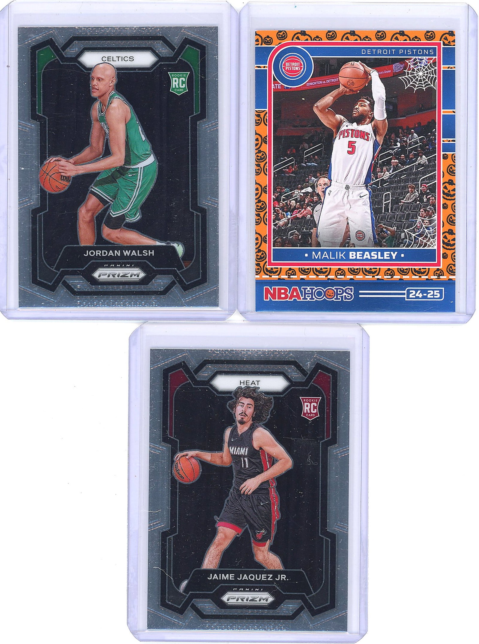 3x NBA Basketball Rookie Cards Lot - Walsh: Sports card lot featuring three NBA basketball singles from recent releases. Includes Jordan Walsh 2023-24 Panini Prizm rookie card (Celtics, No. 158), Malik Beasley 2024-25 NBA Hoops card (Pistons, N