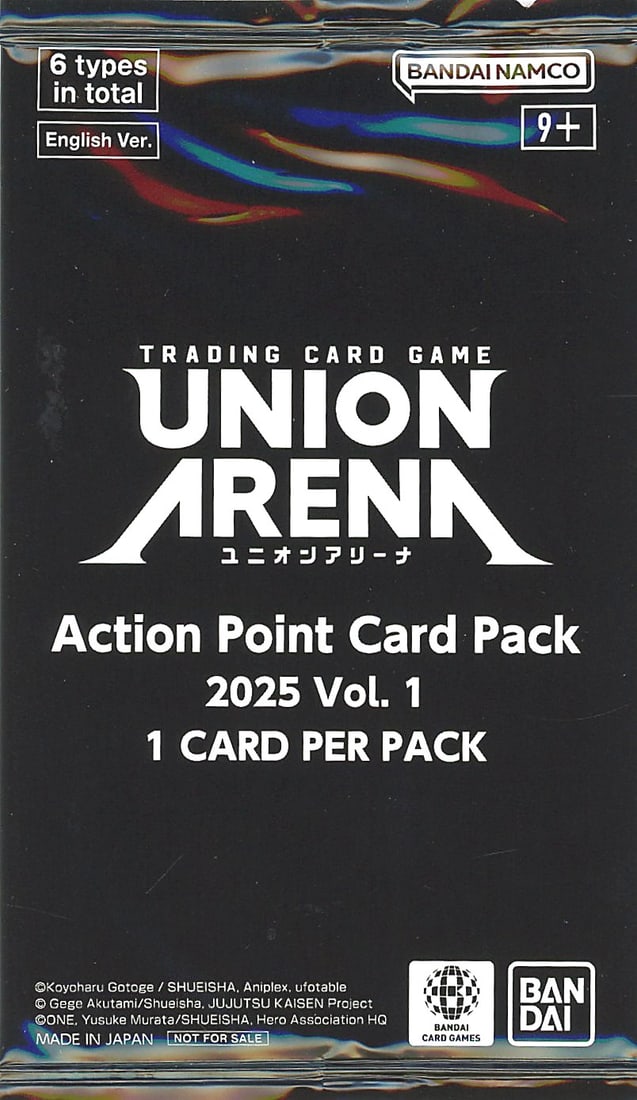 Union Arena Action Point Card Pack 2025 Vol. 1: Single booster pack from the Union Arena Trading Card Game 2025 Vol. 1 series by Bandai Namco. This English-language Action Point Card Pack contains one card per pack and features 6 card types total i