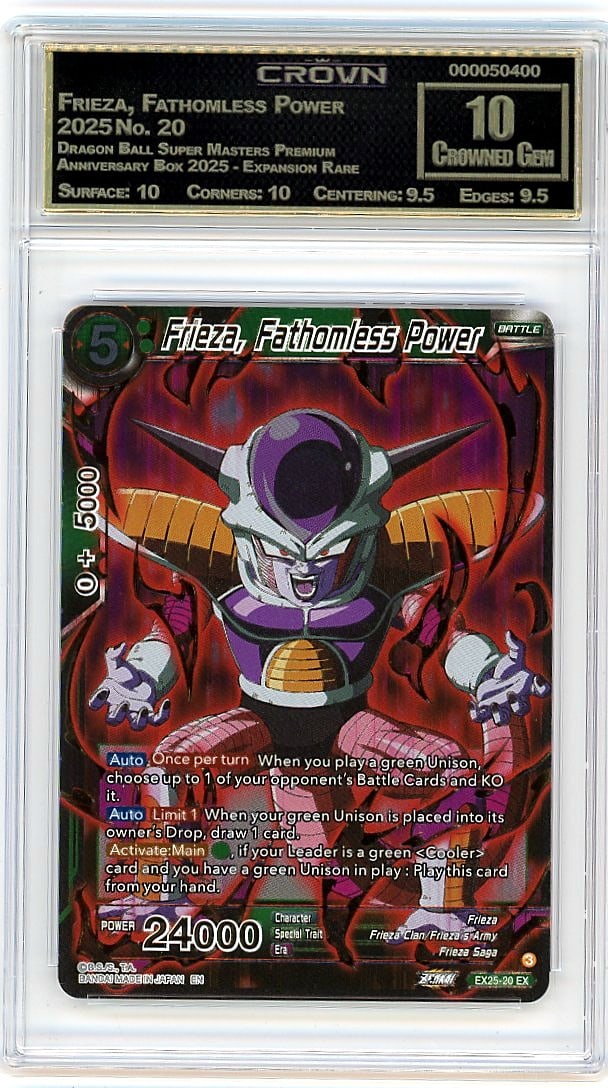 2025 Frieza Fathomless Power #20 Crown 10 Dragon: This is a 2025 Frieza, Fathomless Power card #20 from the Dragon Ball Super Masters Premium Anniversary Box 2025 Expansion Rare set. A premium collectible featuring one of Dragon Ball's most iconic vi