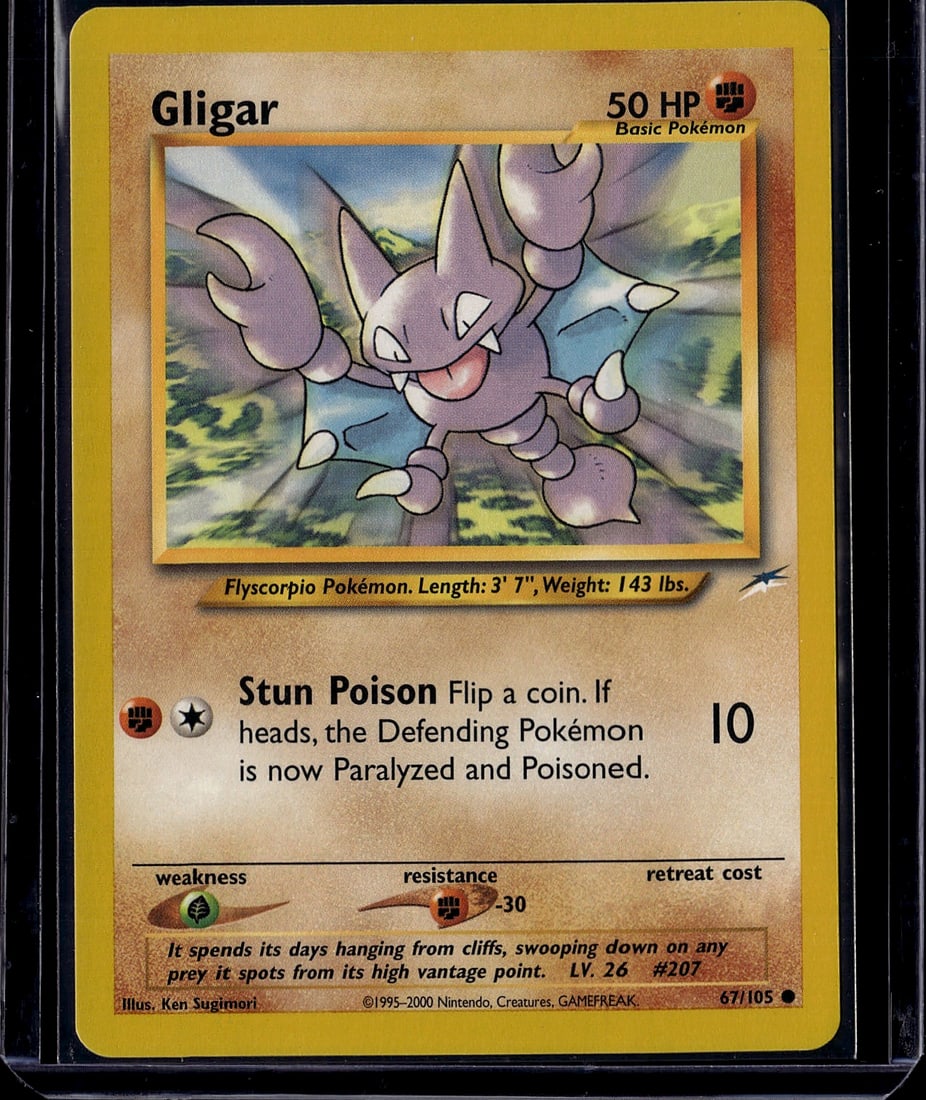 Gligar 67/105 Neo Genesis Raw Pokemon Card: This is a raw Gligar Pokemon card from the Neo Genesis set, released in 2000 by The Pokemon Company and GAMEFREAK. Card number 67/105, this is a Basic Pokemon with 50 HP featuring the classic Stun Poi
