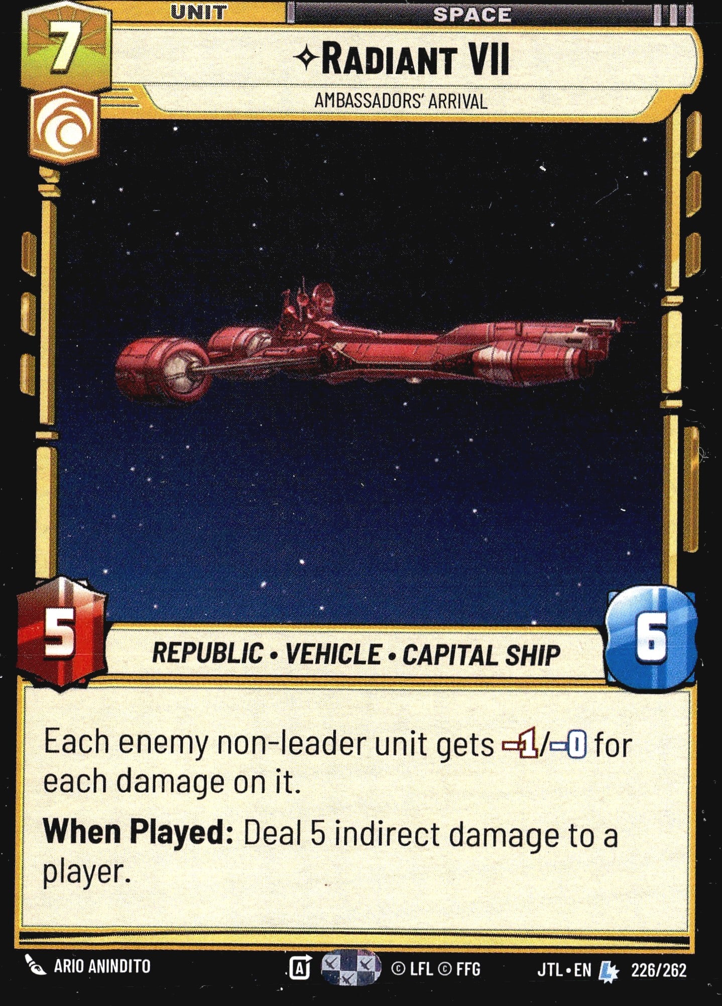 2025 Fantasy Flight Games Jump to Lightspeed: This listing is for the Radiant VII (Ambassadors' Arrival), card number 226/262 from the Star Wars Unlimited: Jump to Lightspeed (JTL) expansion set, published by Fantasy Flight Games (FFG/LFL). It
