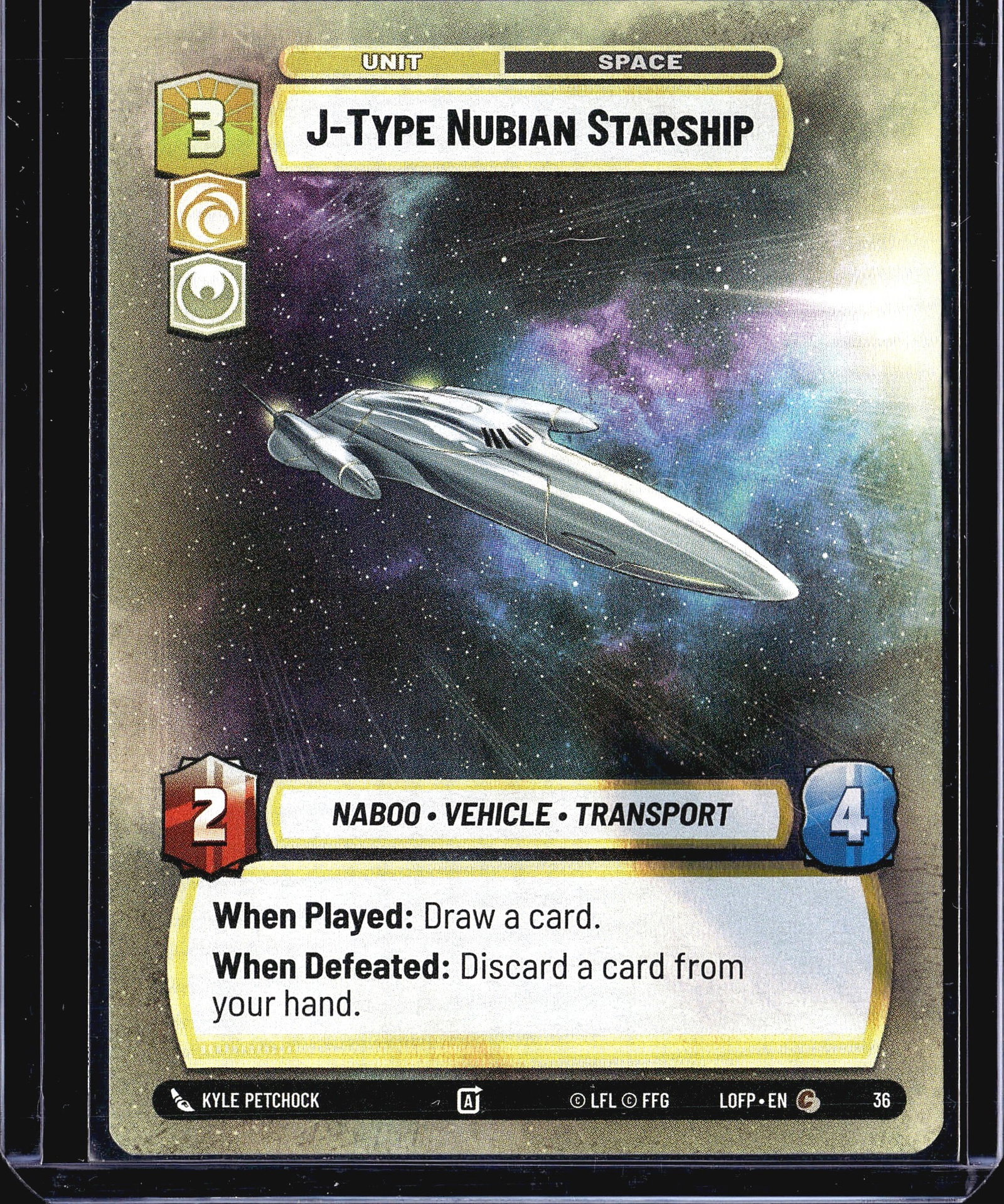 2024 Fantasy Flight Games Legends of the Force: This listing is for the J-Type Nubian Starship, card #36 from the Star Wars Unlimited trading card game set Legends of the Force (LOFP), published by Fantasy Flight Games (FFG) under license from