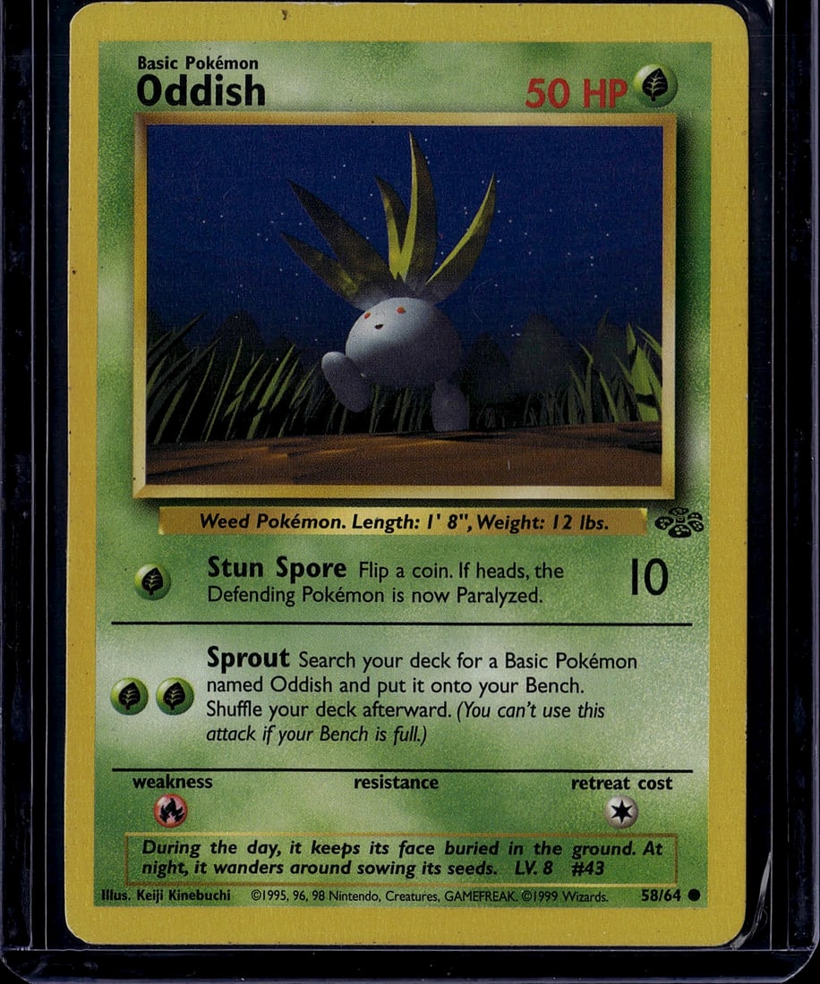 1999 Pokemon Base Set Oddish #58/64 Raw Card: This is an original 1999 Pokemon Trading Card Game Base Set Oddish card (#58/64), a foundational piece from the earliest era of Pokemon card collecting. Oddish is a Basic Grass-type Weed Pokemon featu