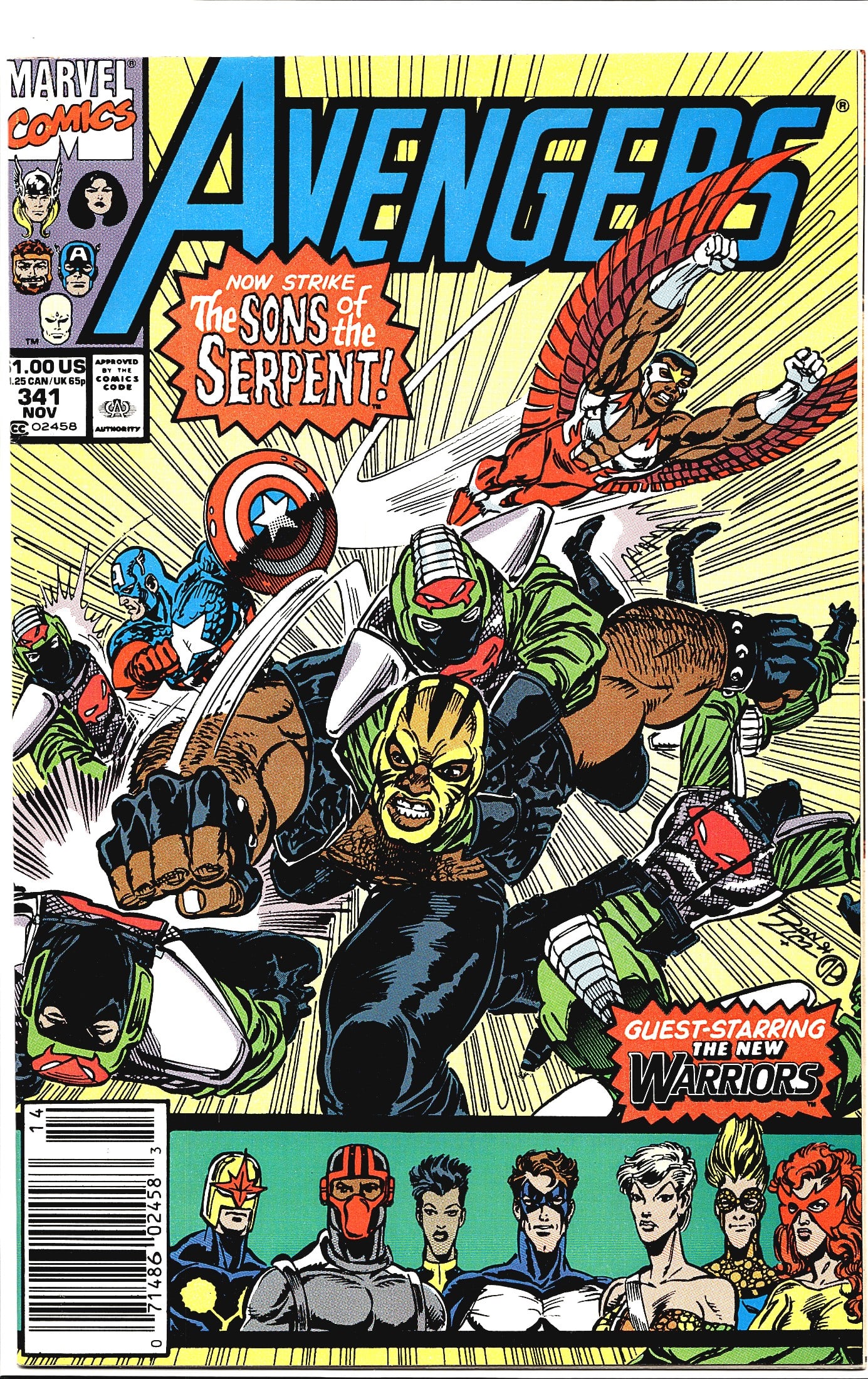 Avengers #341 Marvel Comics 1991 Sons of the: Avengers #341, published by Marvel Comics in November 1991, is a single-issue comic book featuring the story arc 'Now Strike the Sons of the Serpent!' The cover art depicts Captain America, Falcon, an
