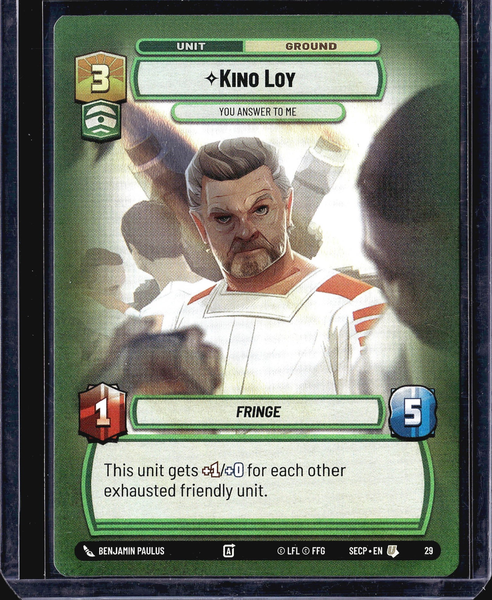 Star Wars Unlimited Kino Loy #29 Fringe Unit: This listing is for Kino Loy (#29), a Unit - Ground card from the Star Wars Unlimited trading card game, published by Fantasy Flight Games. The card features Kino Loy with the subtitle 'You Answer to