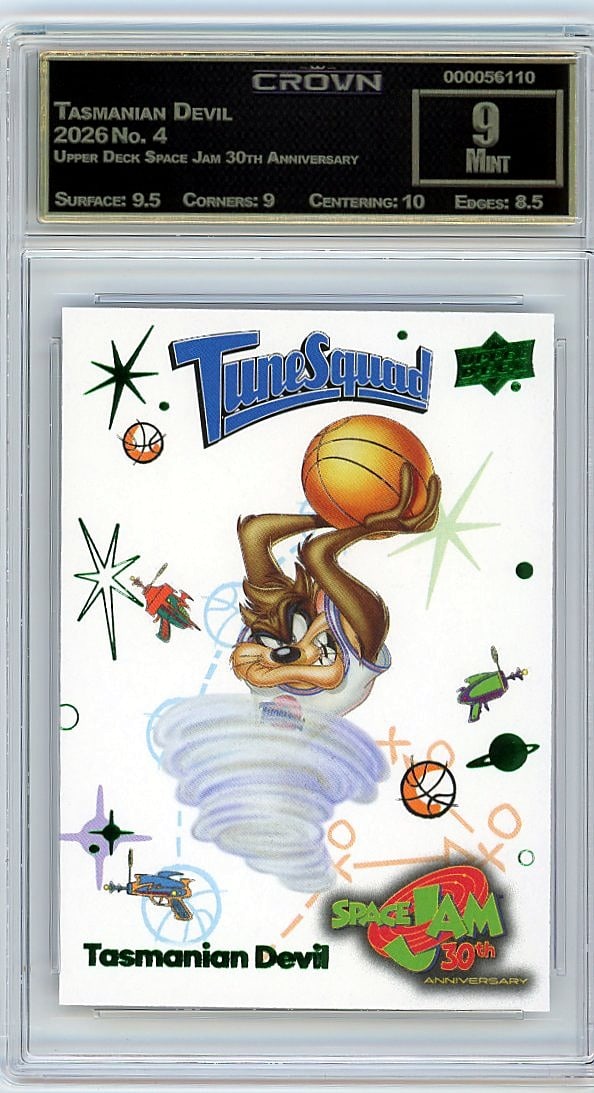 2026 Tasmanian Devil Upper Deck Space Jam 30th: This is a 2026 Tasmanian Devil card from the Upper Deck Space Jam 30th Anniversary set, card number 4. It's a professionally graded slab that captures a key character from this commemorative release c