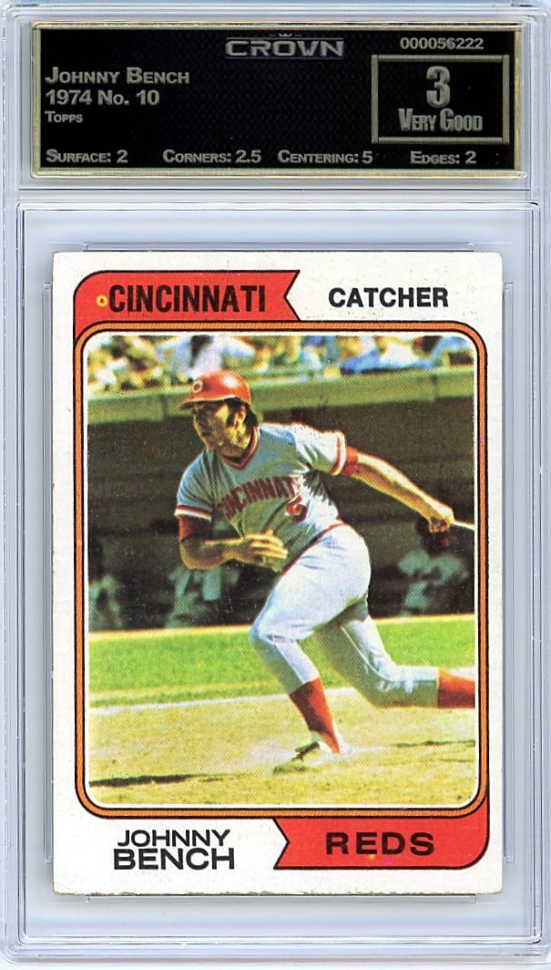 1974 Topps Johnny Bench #10 Crown Graded 3: This is a 1974 Topps Johnny Bench card, card number 10. A classic piece from one of baseball's most iconic sets and one of the sport's all-time greats during his prime years. The card has been