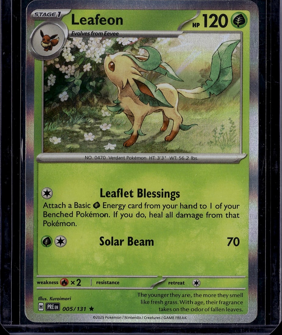 Leafeon 005/131 Pokemon Scarlet Violet Stage 1: This is a Leafeon Stage 1 Pokemon single card from the Scarlet & Violet set, card number 005/131. Leafeon is a Grass-type Verdant Pokemon with 120 HP that evolves from Eevee. The card features