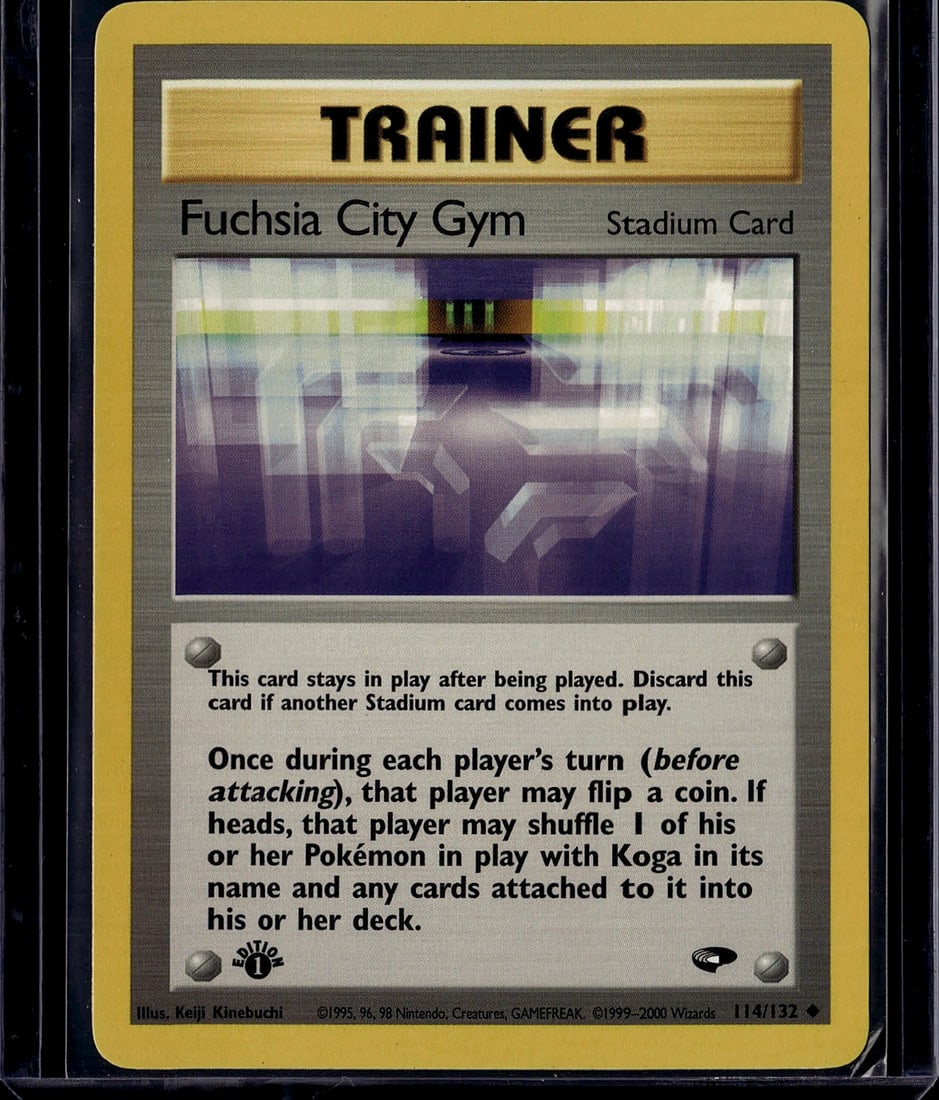 Fuchsia City Gym Pokemon Stadium Card 114/132: This is an authentic Pokemon Trainer Stadium card from the Gym Heroes set, released by Wizards of the Coast in 2000. Fuchsia City Gym is a classic Stadium card that remained a staple in competitive