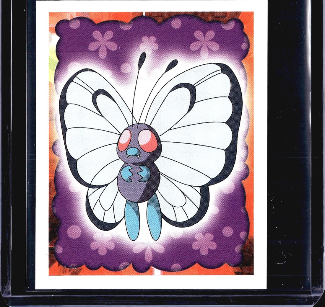 1999 Merlin Pokemon Sticker #12 Butterfree: This is sticker #12 from the 1999 Merlin Collections Pokemon sticker series, featuring Butterfree, the Butterfly Pokemon. The front showcases Butterfree's artwork set against a vibrant purple floral