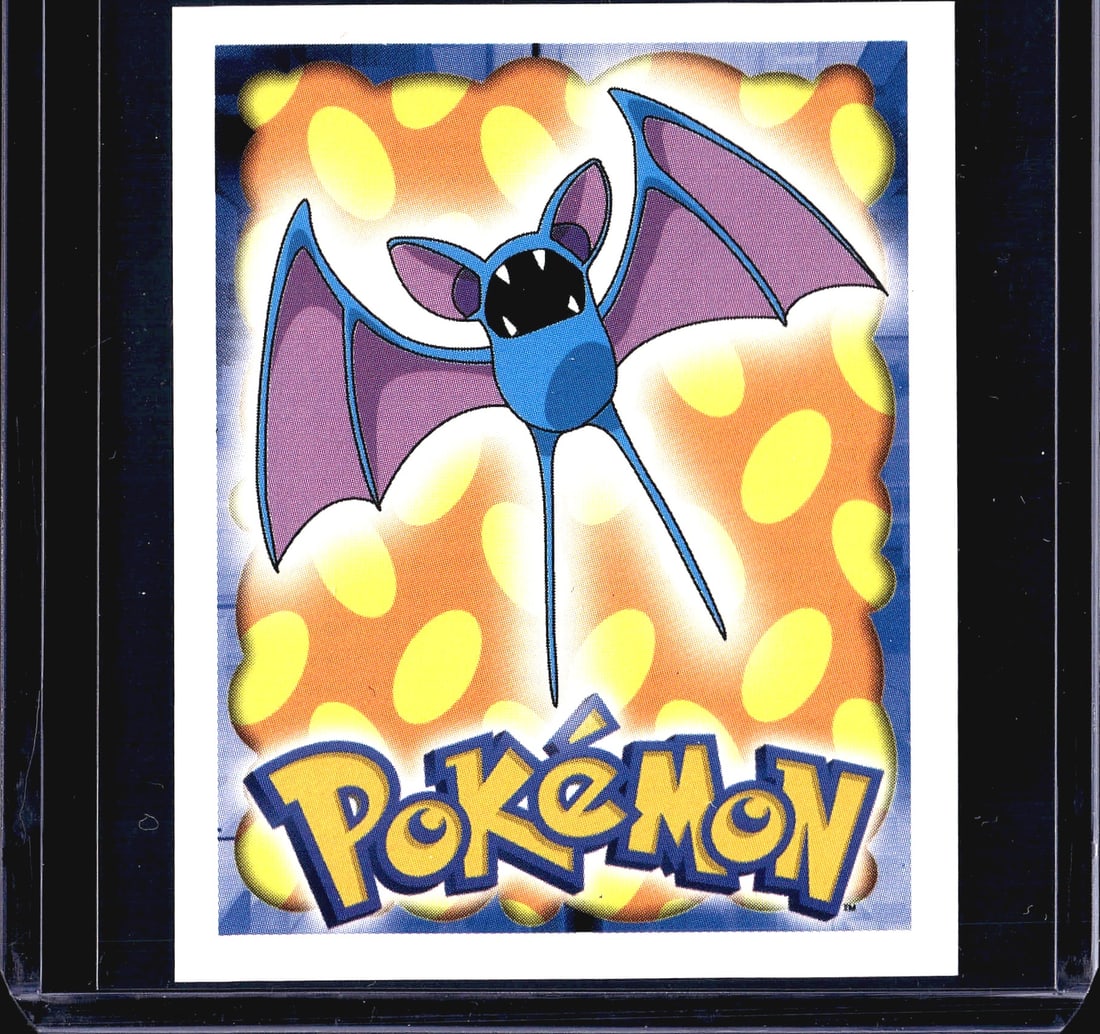 1999 Merlin Pokemon Sticker Collection Series 1: This is sticker #41 from the 1999 Merlin Pokemon Sticker Collection, featuring Zubat, the bat-like Poison/Flying-type Pokemon. The front displays a vibrant illustration of Zubat against an orange and