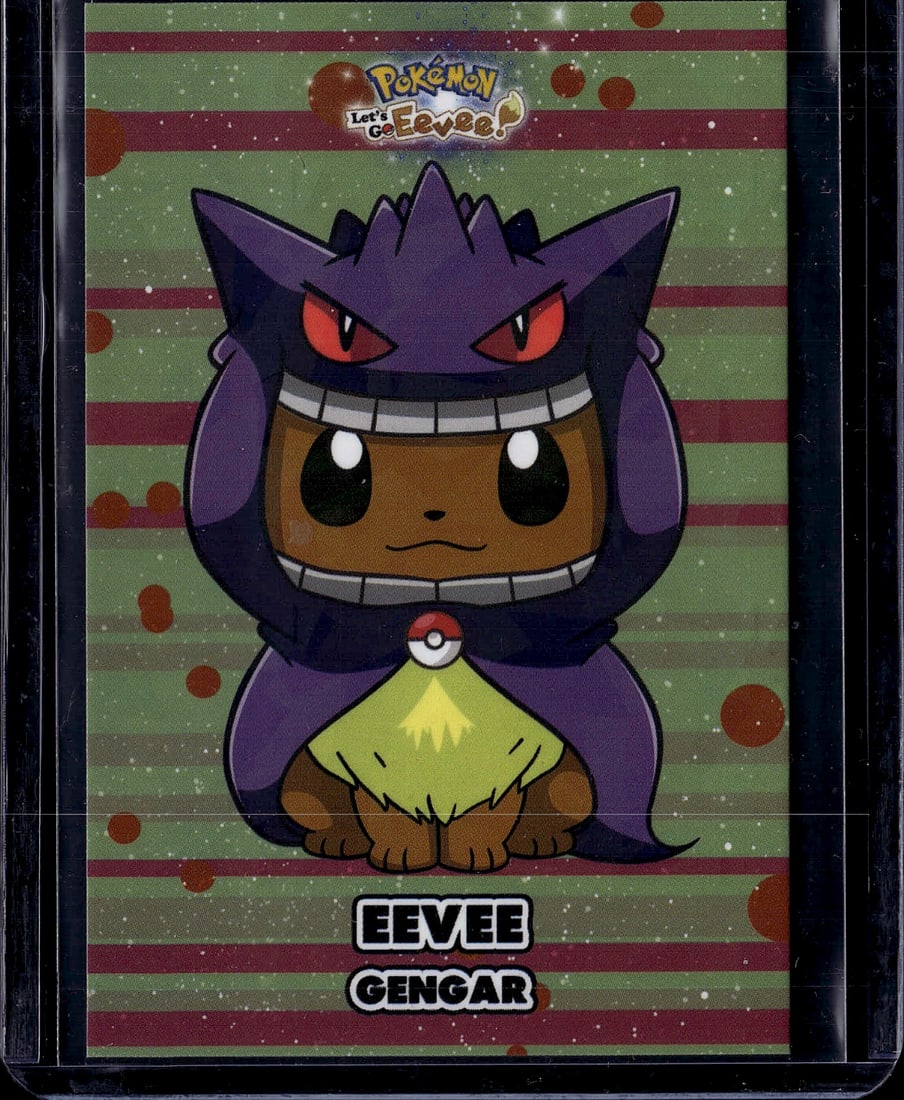 Pokemon Let's Go Eevee Gengar Promotional Card: This is an official Pokemon Let's Go Eevee promotional card featuring Gengar, one of the franchise's most iconic and beloved Dark/Poison-type Pokemon. The card showcases vibrant artwork with Gengar's