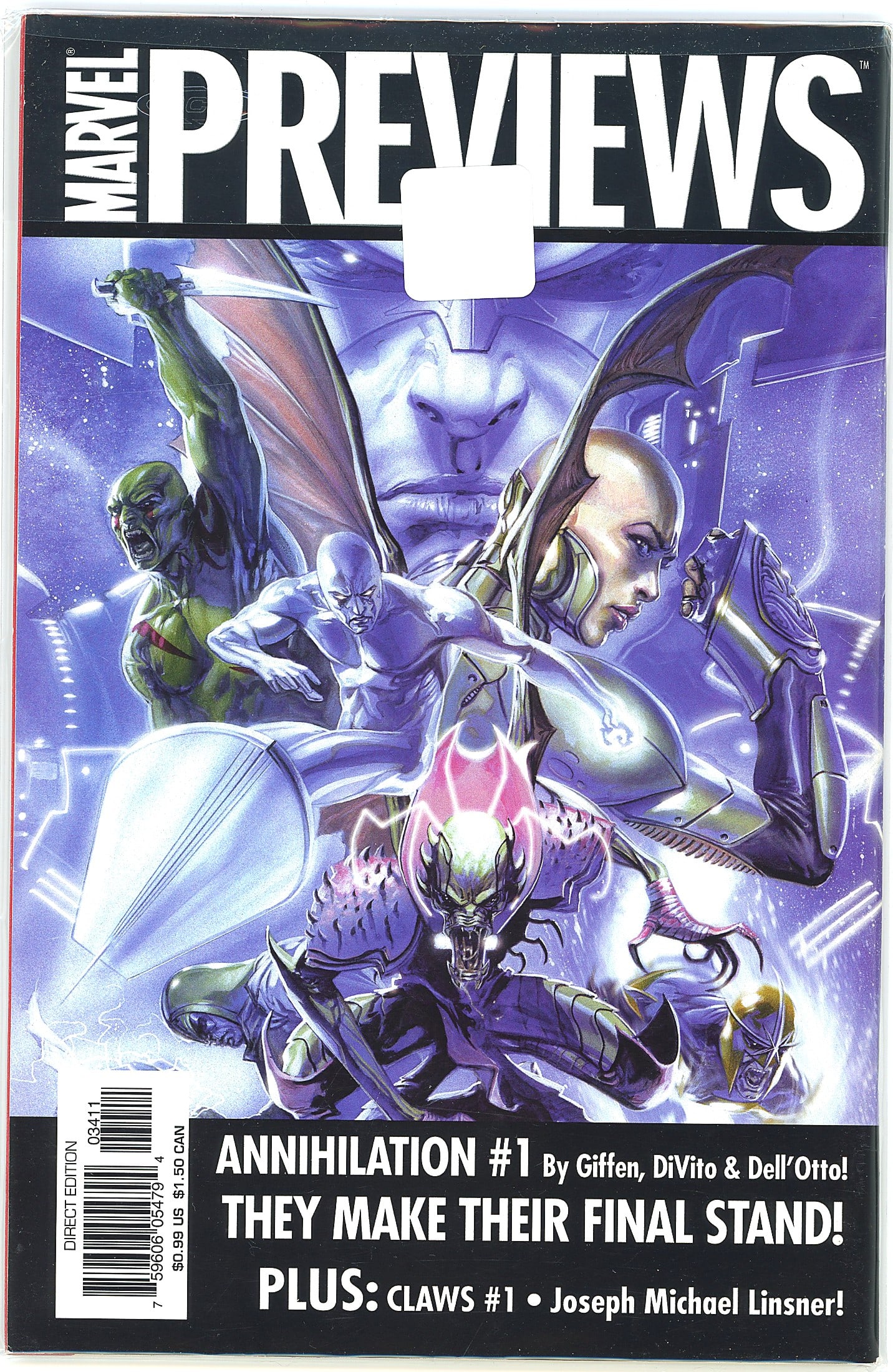2006 Marvel Previews #39 Comic Book: Marvel Previews promotional magazine featuring a preview of Annihilation #1, written by Keith Giffen with art by Andrea DiVito and a cover by Gabriele Dell'Otto. The cover showcases a striking cosmic 