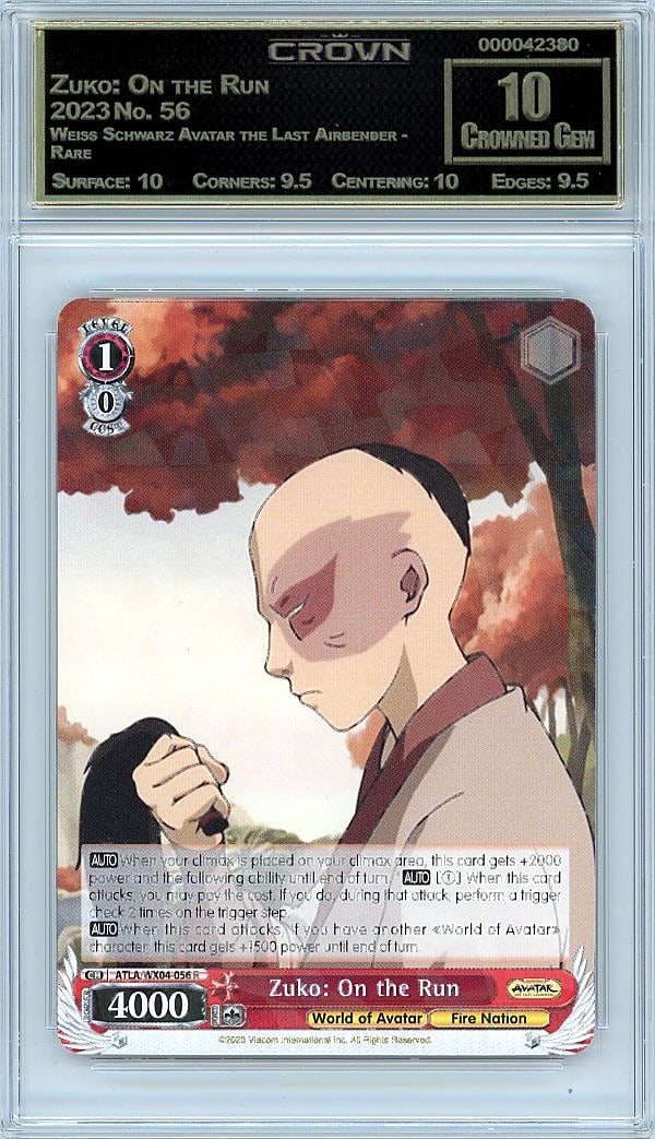 2023 Zuko: On the Run Weiss Schwarz Avatar the: Graded by Crown Grading. Grade: 10.00. Crowned Gem