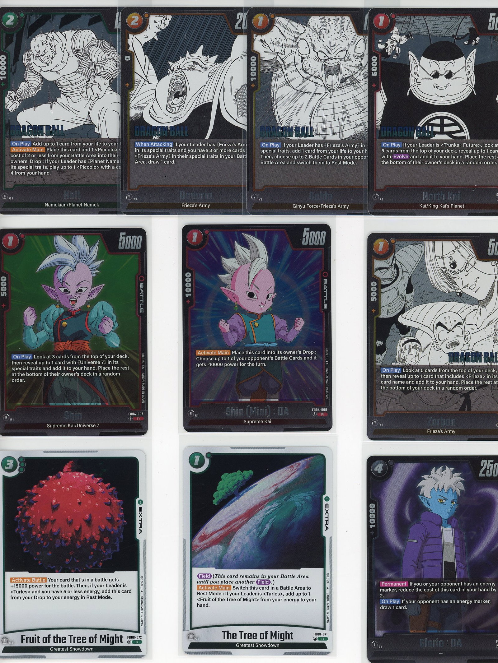 Lot of 10 Dragon Ball Z Foil Cards - Frieza's: This lot contains 10 authentic Dragon Ball Z foil cards from the Bandai Dragon Ball Super Card Game. The collection features iconic characters and themes including Frieza's Army, Supreme Kai, Kai/King