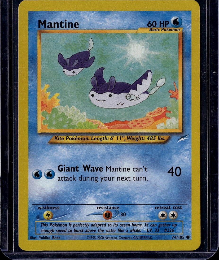 Mantine 74/105 Aquapolis Pokemon Card 2000 Basic: This is a raw Mantine Pokemon trading card from the Aquapolis set, released in 2000 by Nintendo/The Pokemon Company. Card number 74/105, this Basic Water-type Pokemon features classic early-2000s artw