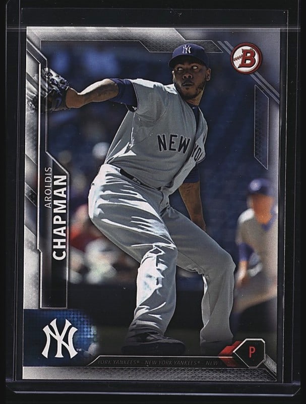 2016 Bowman Aroldis Chapman #25 Baseball Card: 2014 Bowman Chrome baseball card featuring Chapman in New York Yankees uniform. Card number 23 from the Bowman Chrome set. This is a raw single in near mint condition. The card shows sharp corners, cl