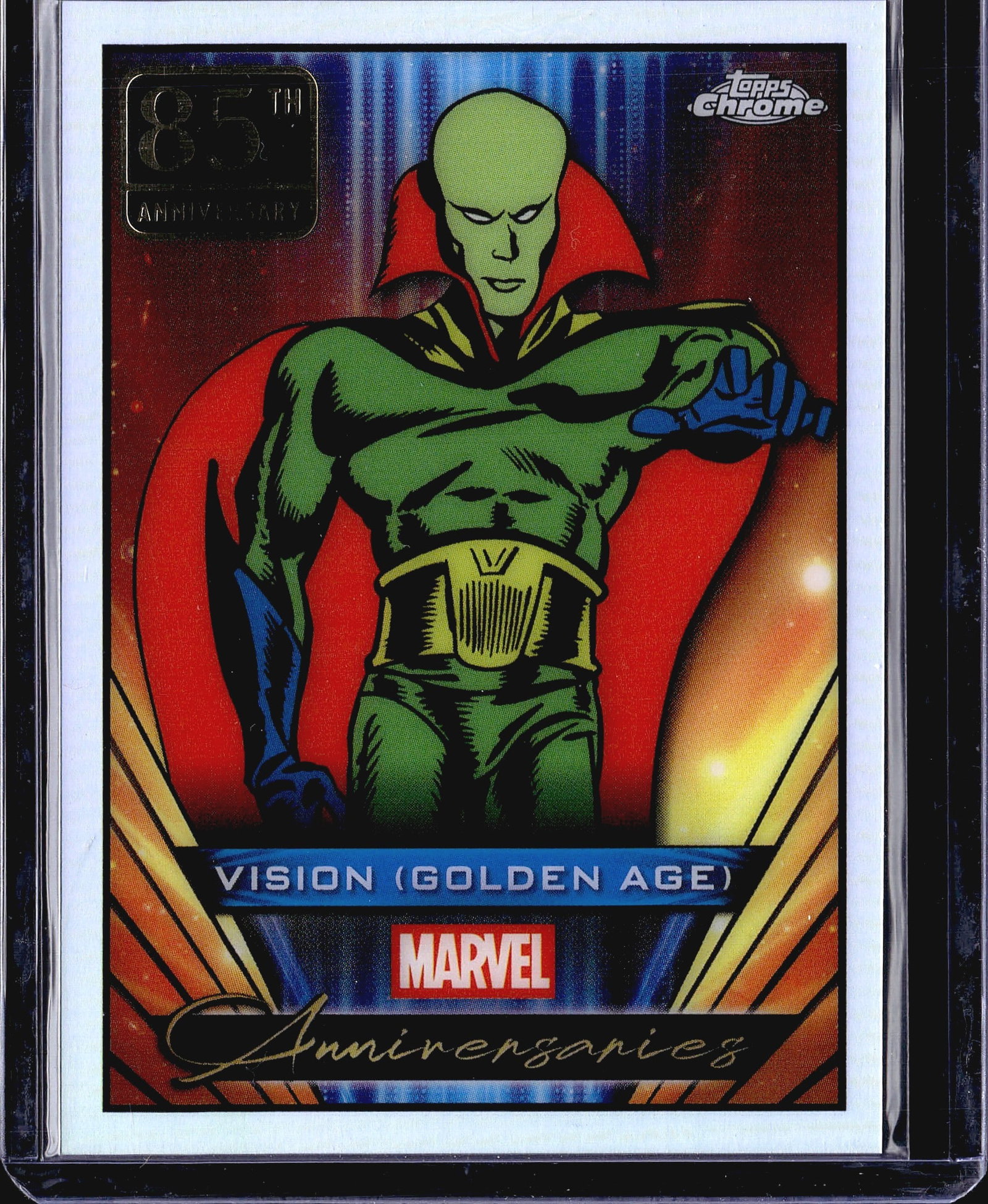 2025 Topps Marvel Anniversaries Chrome MA-1: This is a 2025 Topps Chrome Marvel Anniversaries card featuring Vision (Golden Age), card number MA-1. The card celebrates 85 years of the Golden Age Vision character. The front showcases classic comi