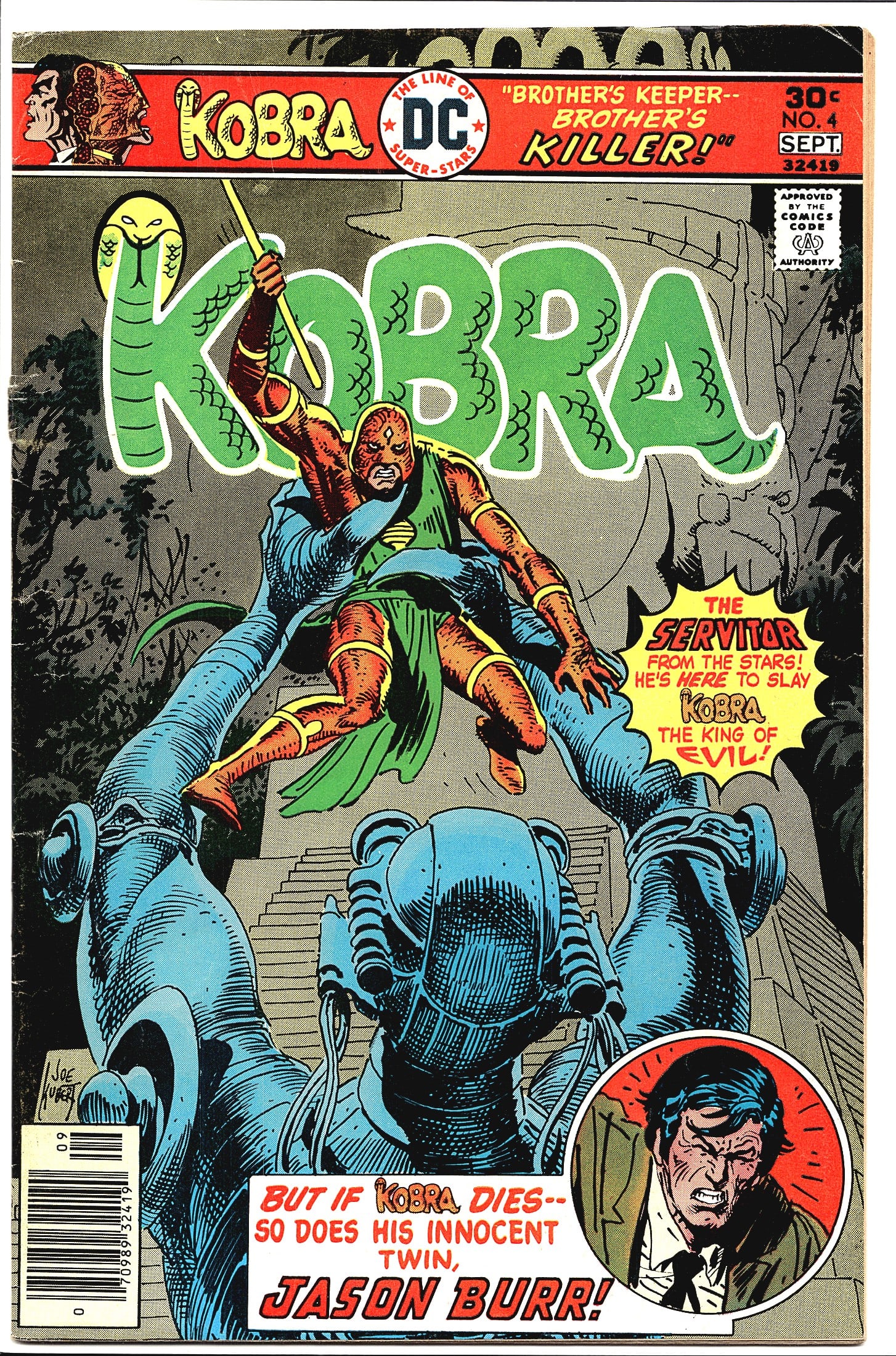 Kobra #4 DC Comics 1976 Brother's Keeper: Kobra #4 published by DC Comics, dated September 1976, priced at 30 cents on the cover. This issue features the story titled 'Brother's Keeper - Brother's Killer!' and prominently showcases Kobra, the