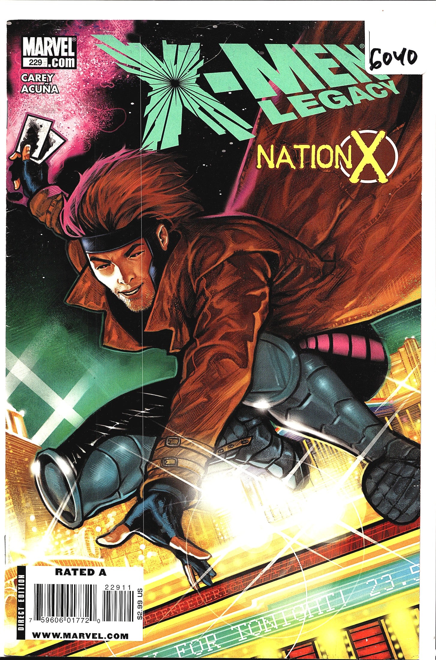 Marvel X-Men: Legacy #229 2010 Comic Book: X-Men Legacy #229 published by Marvel Comics, written by Mike Carey with art by Daniel Acuna. This issue is part of the Nation X storyline and features a dynamic cover image of Gambit leaping across a