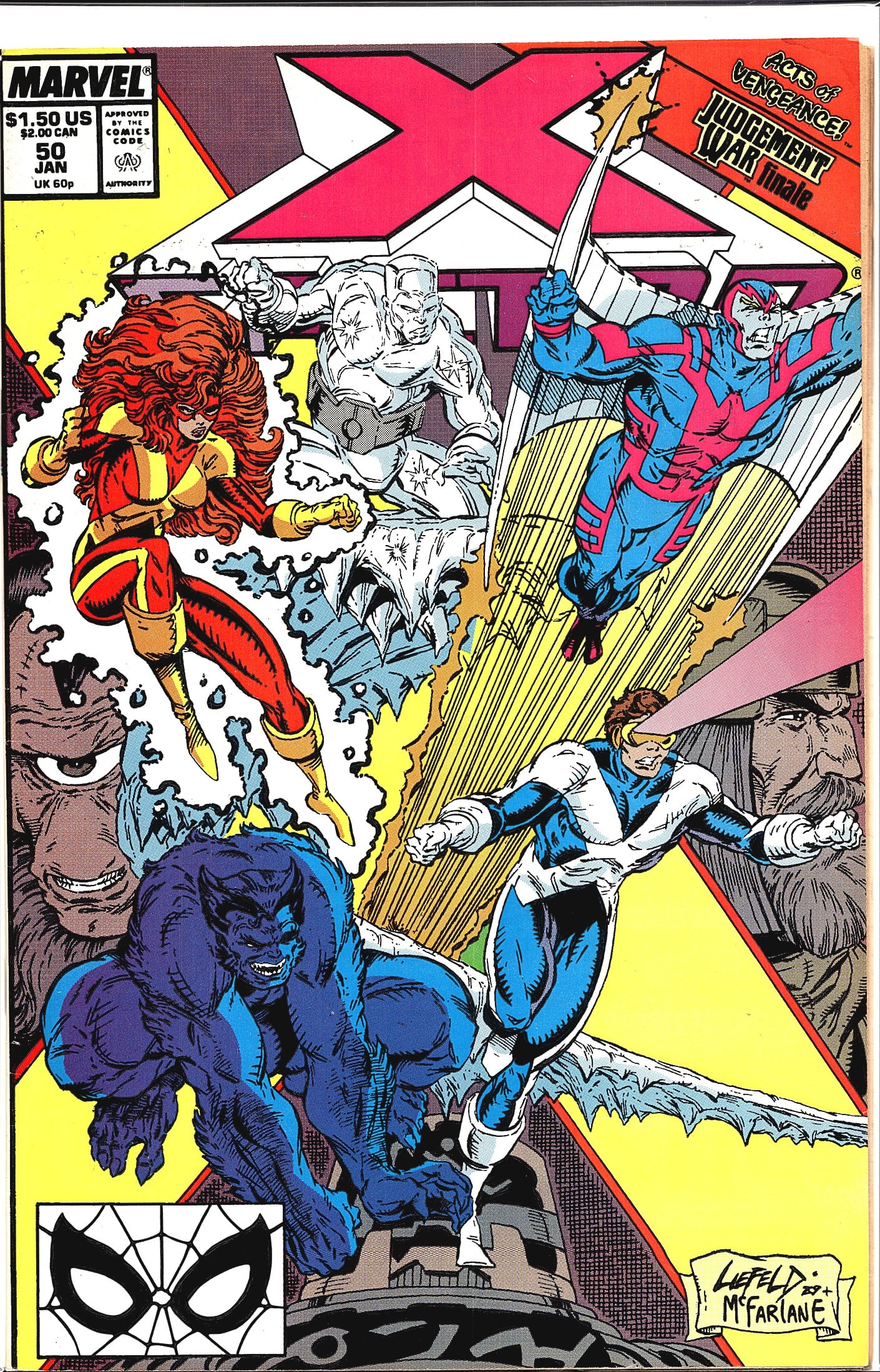 X-Factor #50 Marvel Comics 1990 Acts of: X-Factor #50 from Marvel Comics, cover dated January 1990. This issue serves as both the 'Acts of Vengeance' tie-in and the 'Judgement War' finale, as prominently noted on the cover. The dynamic cover