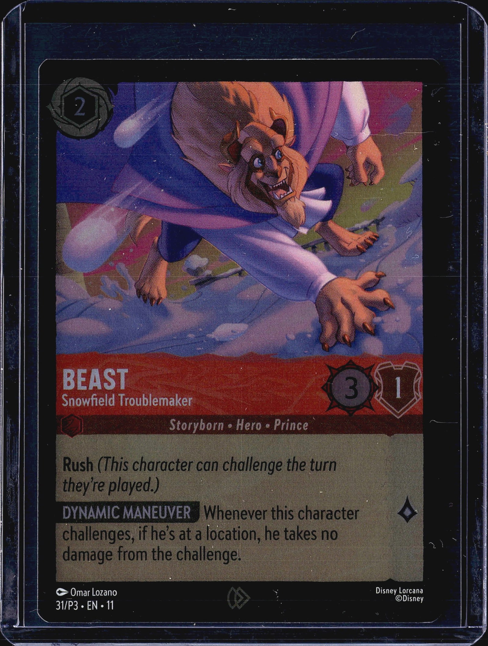 2023 Disney Lorcana Promo Beast 31/P3 Foil Card: This listing features Beast - Snowfield Troublemaker, card number 31/P3 from the Disney Lorcana promo set (EN11), illustrated by Omar Lozano. The card depicts the Beast from Beauty and the Beast lungi