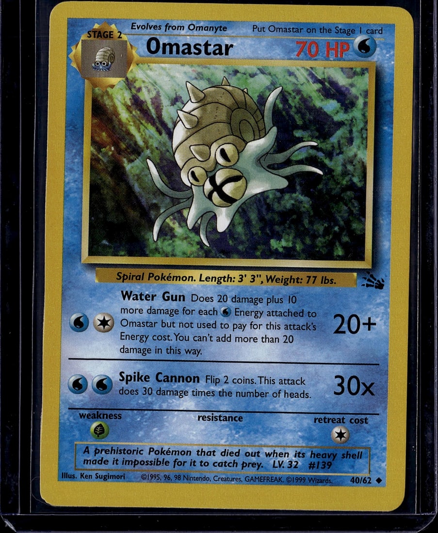 Omastar Stage 2 Base Set Pokemon Card 40/62: This is an original 1999 Omastar Stage 2 Pokemon card from the Base Set, card number 40/62. Omastar is a Water-type Spiral Pokemon standing 3'3" and weighing 77 lbs. The card features two attacks: Wat