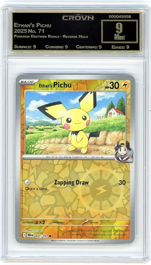 2025 Ethan's Pichu Pokemon Destined Rivals: Graded by Crown Grading. Grade: 9.00. Mint