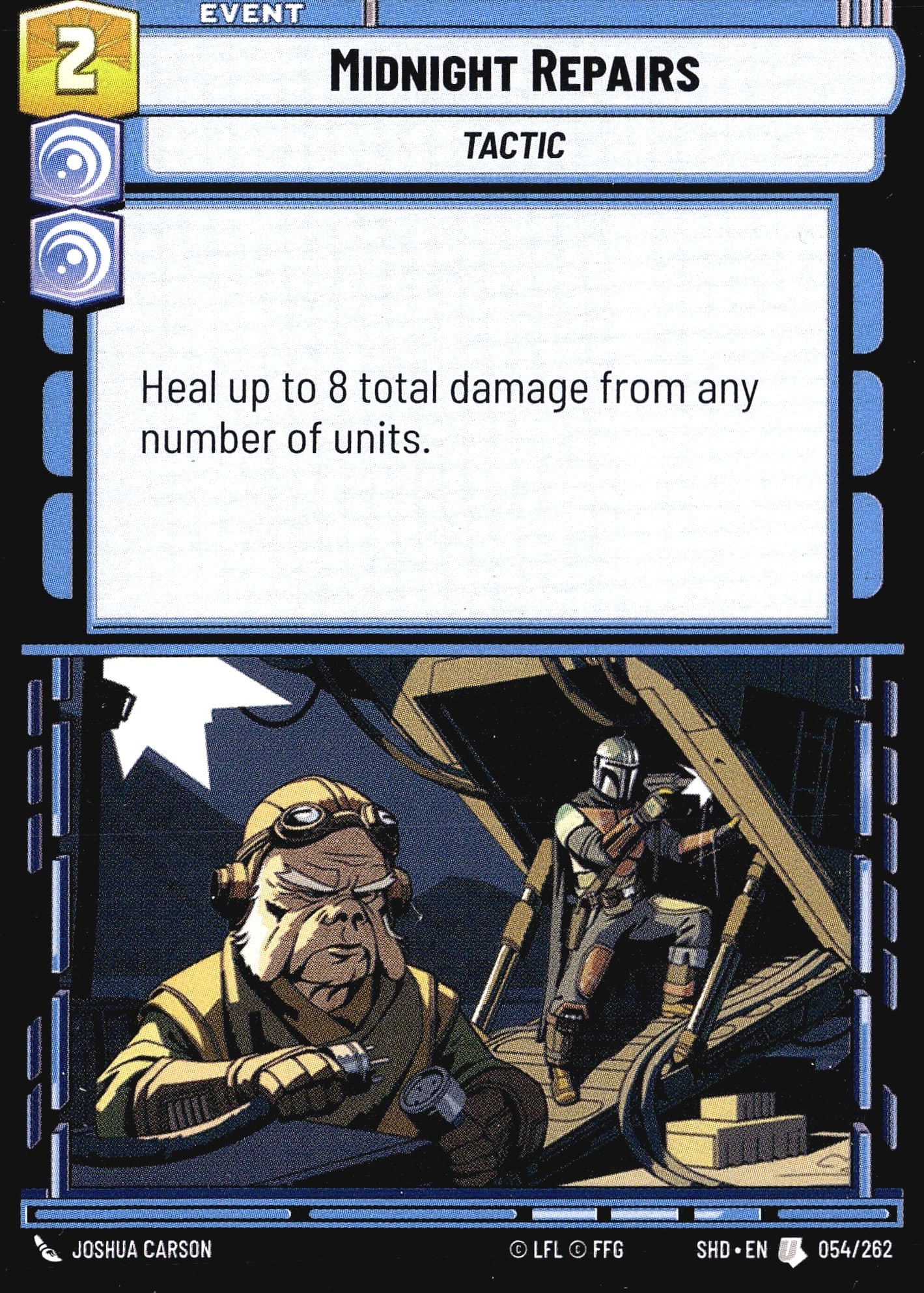 2024 Fantasy Flight Games Star Wars Unlimited: This listing is for Midnight Repairs (054/262), an Event - Tactic card from the Star Wars Unlimited trading card game set Shadows of the Galaxy (set code SHD). The card costs 2 resources to play and r