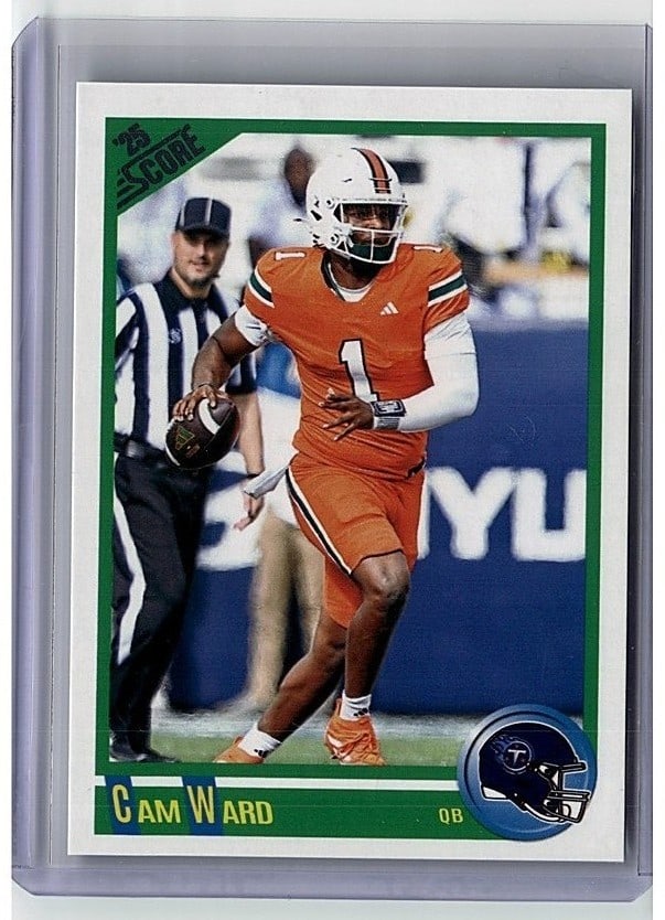 2025 Panini Score #4 Cam Ward Anniversary Rookie: This is a raw, ungraded 1991 Upper Deck football card featuring a player in action during a game. The card showcases the classic Upper Deck design from the early 1990s, with vibrant team colors and cr
