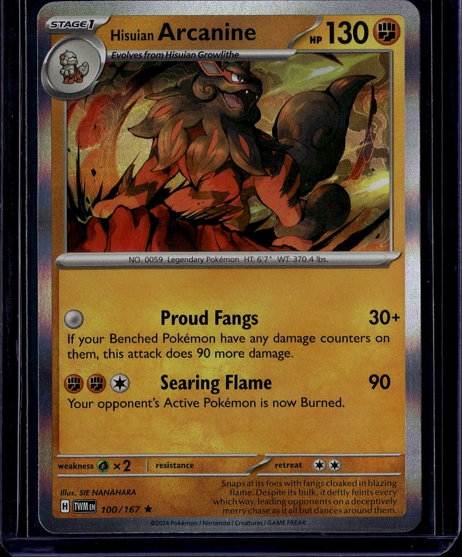 Hisuian Arcanine 100/167 Scarlet & Violet: This is a Hisuian Arcanine Pokemon trading card from The Pokemon Company's Scarlet & Violet expansion set. Card #100/167, this Stage 1 Legendary Pokemon features stunning artwork by SIE NANAHARA and