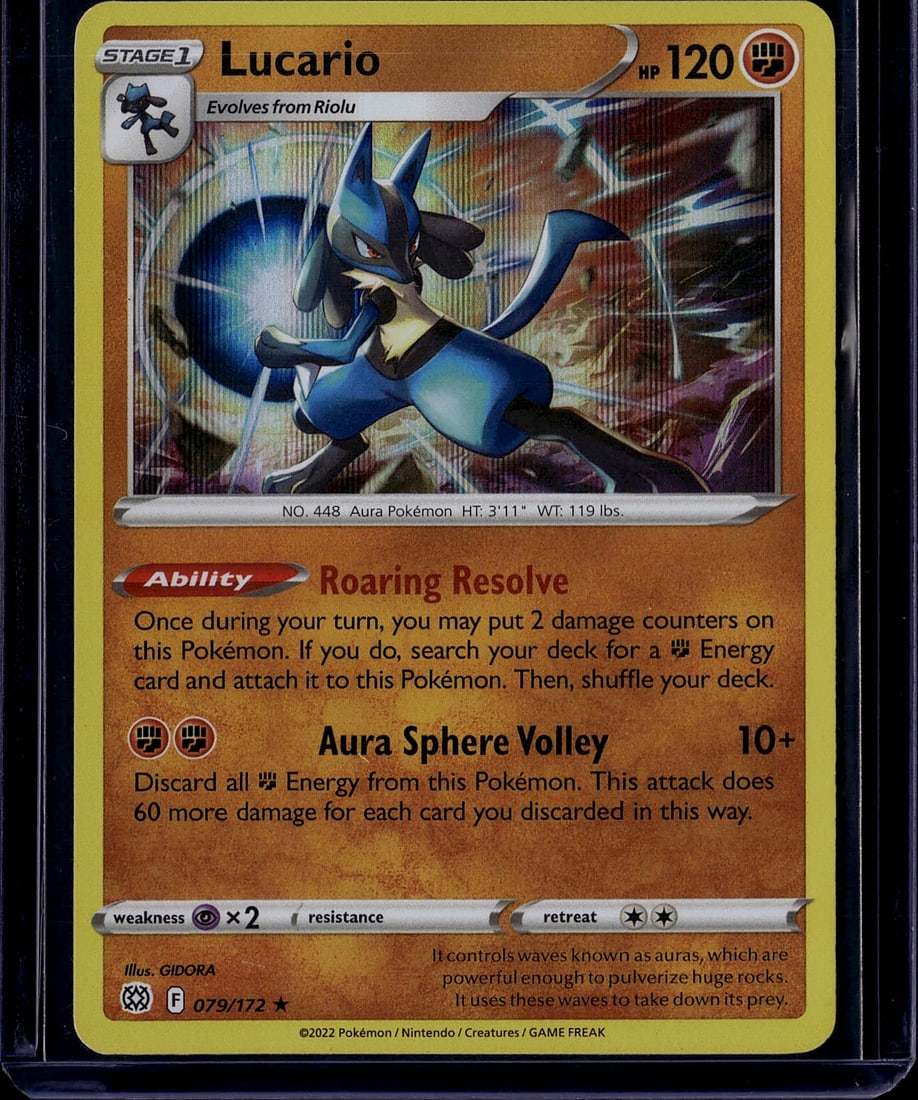 2022 Pokemon Lucario Stage 1 Card 079/172: This is a 2022 Pokemon Trading Card Game Lucario Stage 1 card from the Scarlet & Violet set, card number 079/172. Lucario is an Aura Pokemon with 120 HP featuring the distinctive blue and black