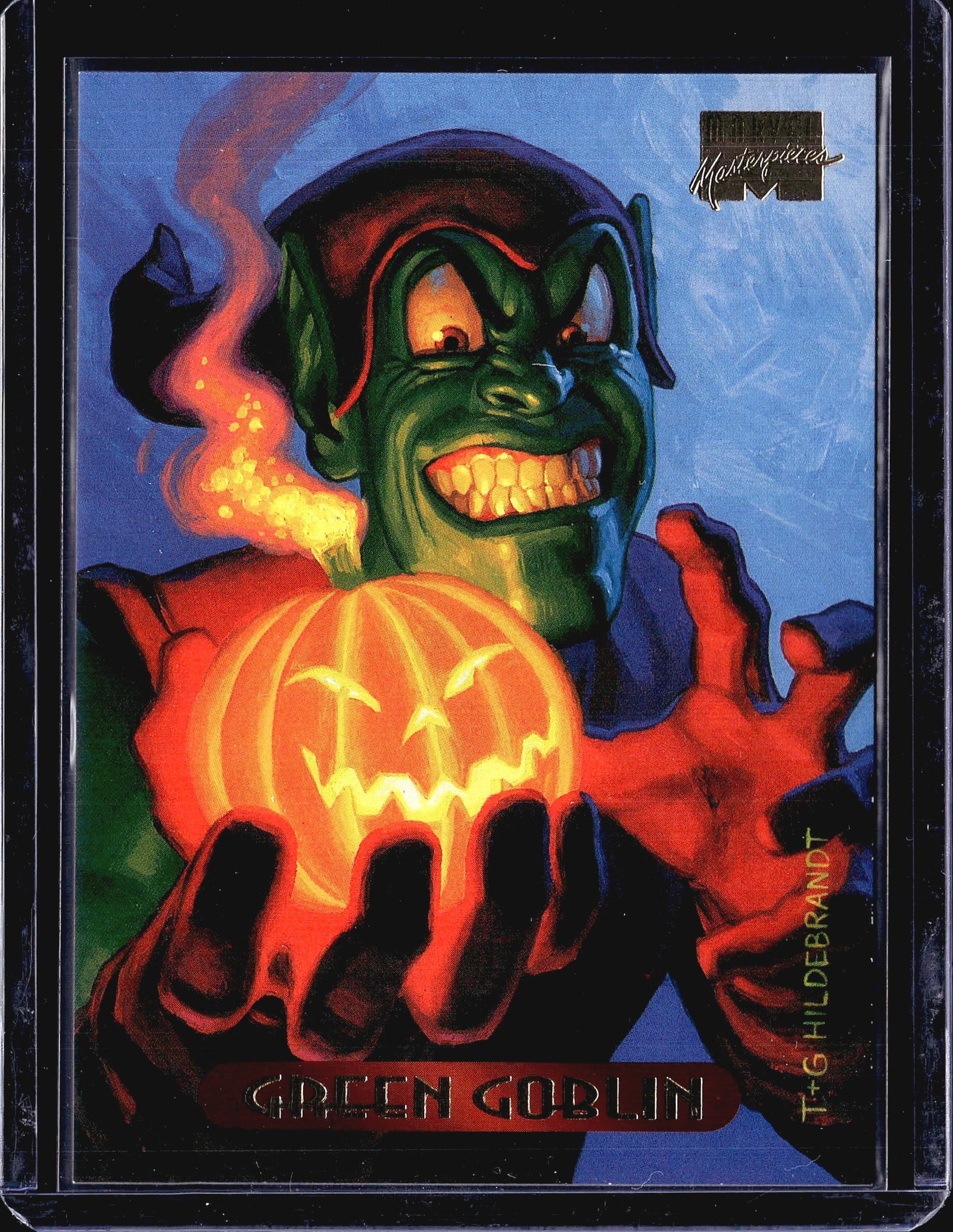 1994 Fleer Marvel Masterpieces Green Goblin #44: This is card #44 from the 1994 Fleer Marvel Masterpieces trading card set, featuring the Green Goblin - one of Spider-Man's most iconic villains. The front artwork was painted by Greg and Tim Hildebra