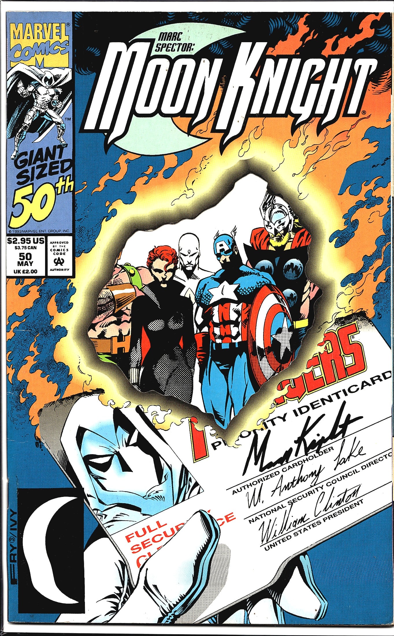 1993 Marvel Marc Spector Moon Knight #50 Die-Cut: This is Marvel Comics' Marc Spector: Moon Knight #50, published in May 1993, priced at $2.95 US. This is a Giant-Sized 50th issue milestone, featuring Moon Knight on the cover alongside what appears t