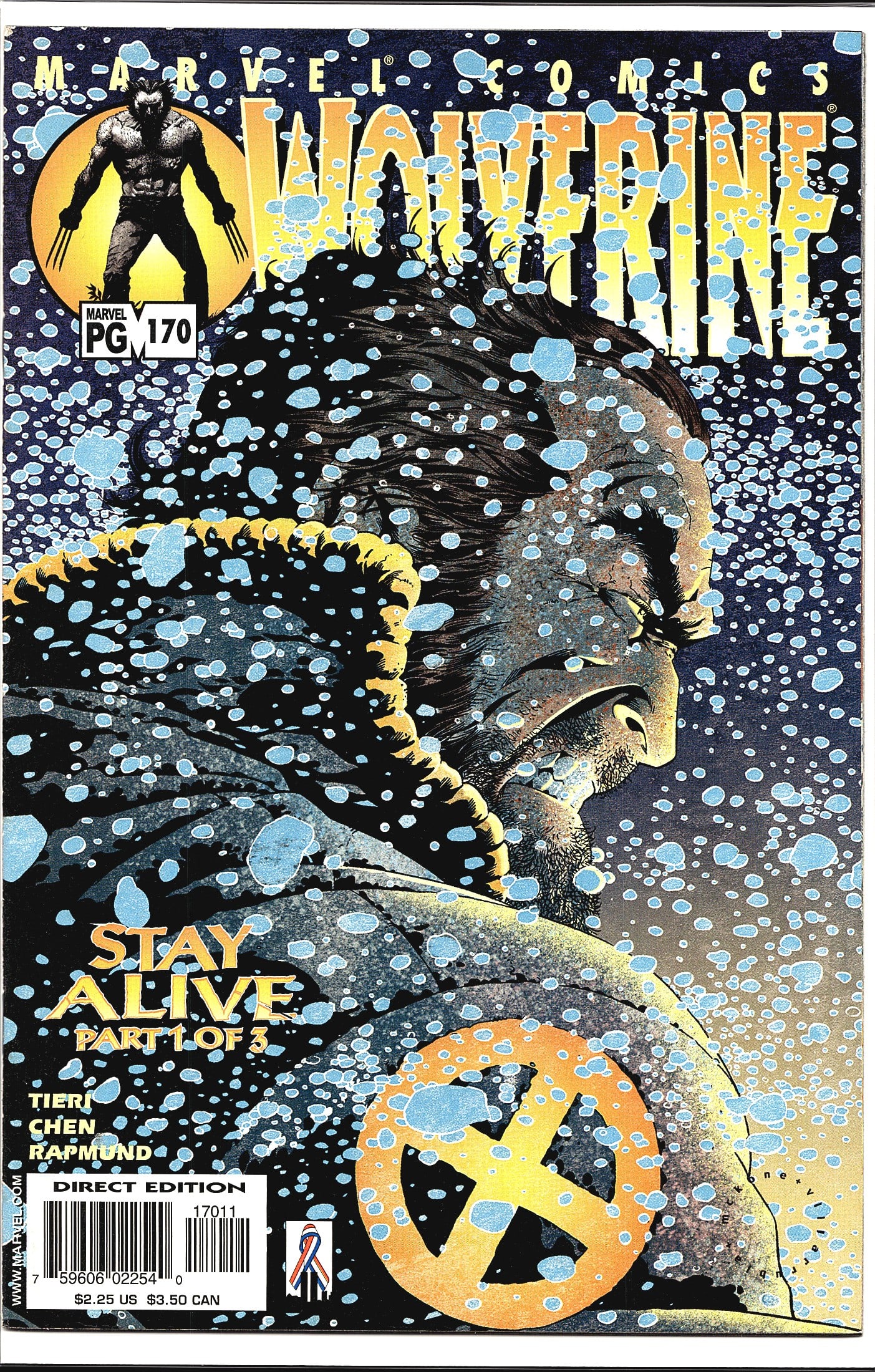 2002 Marvel Wolverine #170 Comic Book Collectible: Wolverine #170 from Marvel Comics, part of the 'Stay Alive' story arc (Part 1 of 3). Written by Frank Tieri with art by Sean Chen and inked by Norm Rapmund. The cover features a dramatic close-up of W