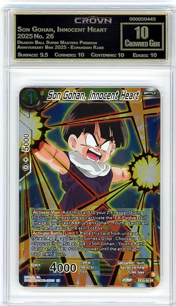 2025 Son Gohan Innocent Heart #26 Crown Gem 10: This is a 2025 Son Gohan, Innocent Heart card #26 from the Dragon Ball Super Masters Premium Anniversary Box 2025 - Expansion Rare set. A premium release celebrating the Dragon Ball Super franchise, t