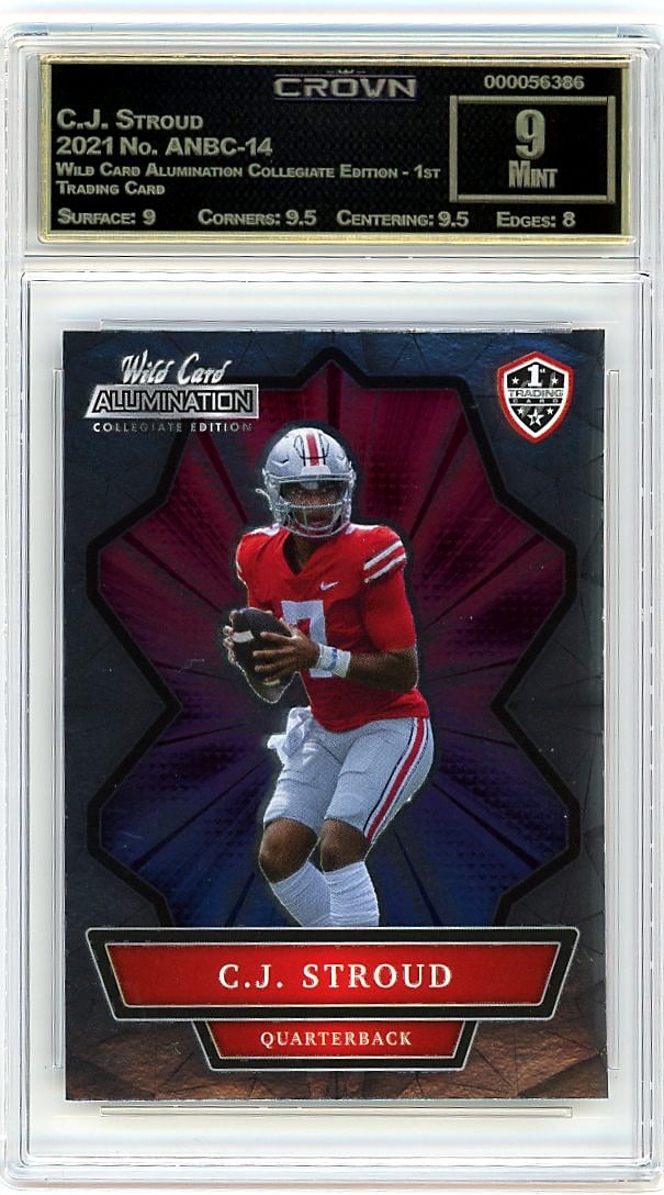 2021 C.J. Stroud Wild Card Alumination ANBC-14: This is a 2021 C.J. Stroud card from the Wild Card Alumination Collegiate Edition - 1st Trading Card series, numbered ANBC-14. This is a first edition release from the set, making it a notable piece