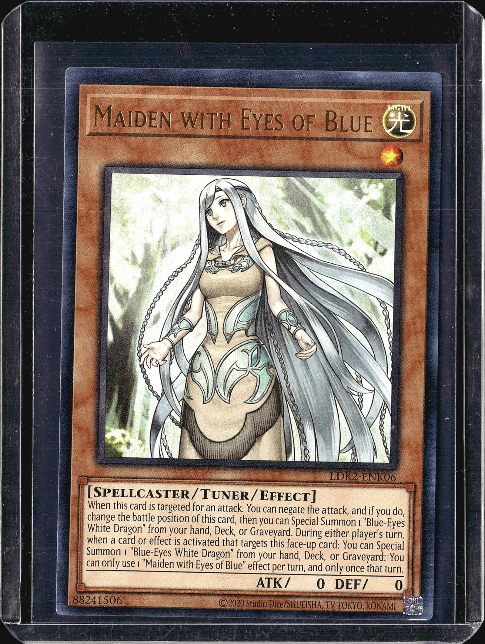 2020 Konami Yu-Gi-Oh Legendary Decks II Maiden: This is a 2020 Konami Yu-Gi-Oh trading card from the Legendary Decks II set featuring Maiden with Eyes of Blue, card number LDK2-ENK06. The card is offered in raw condition without professional gradin