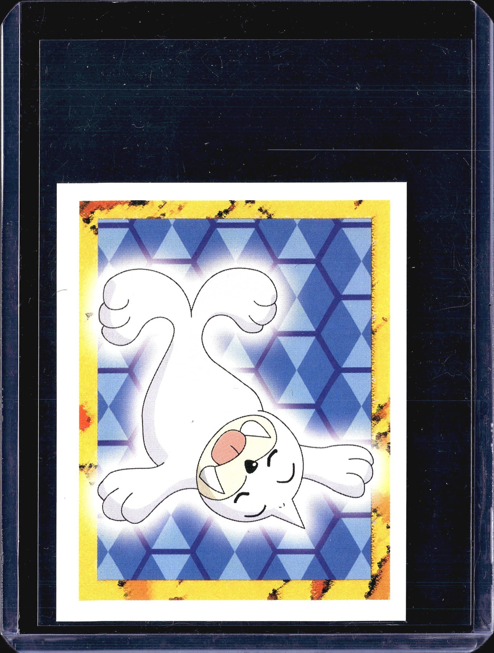 1999 Topps Merlin Pokemon Series 1 Seel Sticker: This is a 1999 Merlin Collections Pokemon sticker numbered 86, featuring a white cartoon Pokemon character posed upside down against a blue diamond-pattern background with a yellow border. The sticker