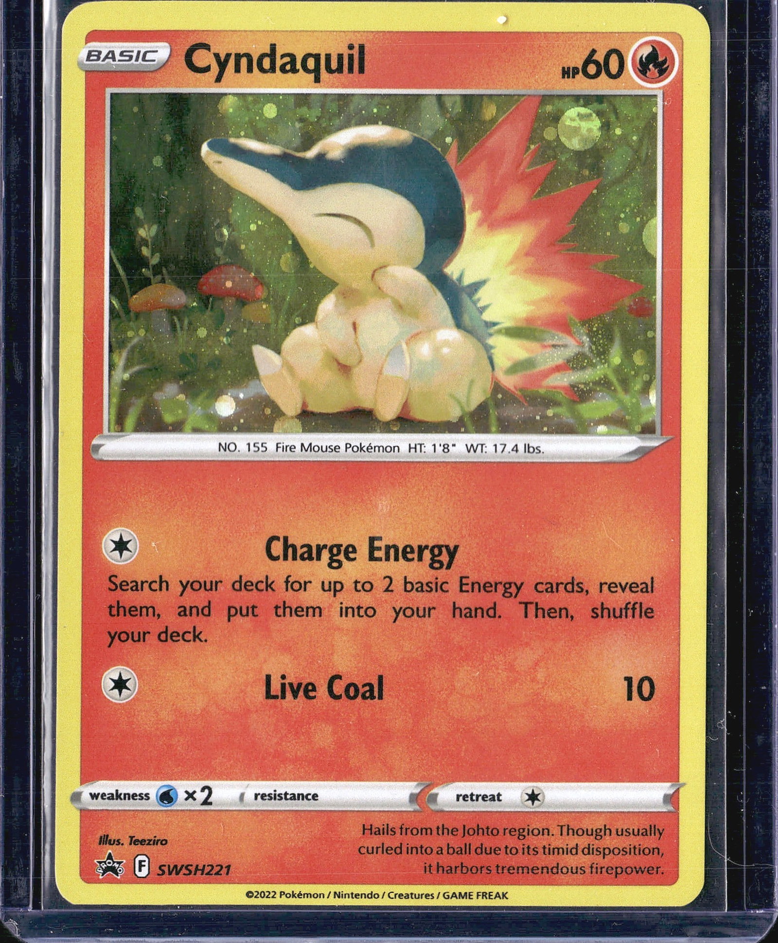 2022 Pokemon SWSH Black Star Promos Cyndaquil: This listing features a 2022 Pokemon TCG Cyndaquil card, numbered SWSH221 from the SWSH Black Star Promo series, illustrated by Teeziro. Cyndaquil is a Basic Fire-type Pokemon with 60 HP, carrying