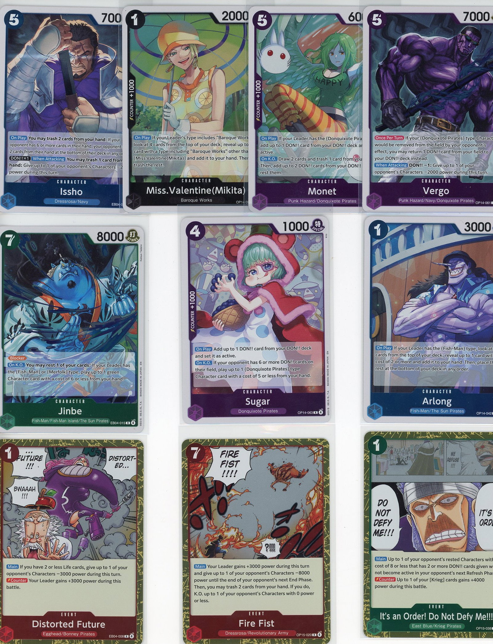 Lot of 10 One Piece Foil Cards - Bandai TCG: This lot contains 10 foil cards from the Bandai One Piece Trading Card Game. The collection features a diverse mix of characters including Issho, Miss Valentine (Mikita), Monet, Vergo, Jinbe, Sugar, A