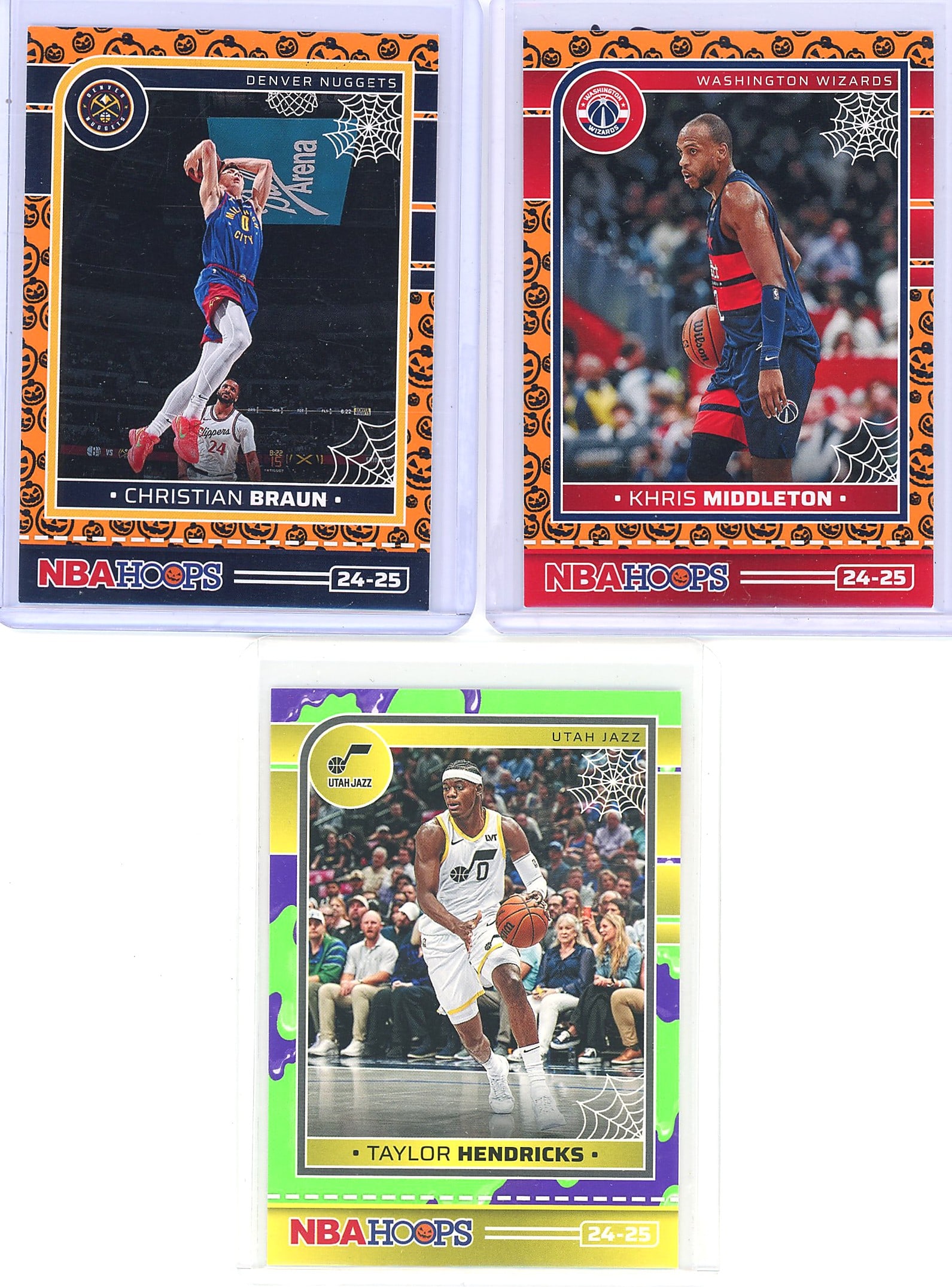 2023-24 Panini Haunted Hoops Orange Slime: This lot contains three 2024-25 Panini Haunted Hoops basketball cards featuring Christian Braun (Denver Nuggets, #44), Khris Middleton (Washington Wizards, #84), and Taylor Hendricks (Utah Jazz, #87).