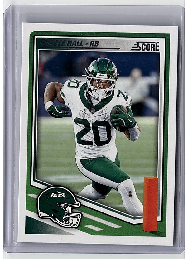 2025 Panini Score Breece Hall #282 Football Card: This 2025 Panini Score Breece Hall #282 football card features the talented New York Jets running back in pristine condition. Card #282 from the Score set captures Hall during his promising NFL career