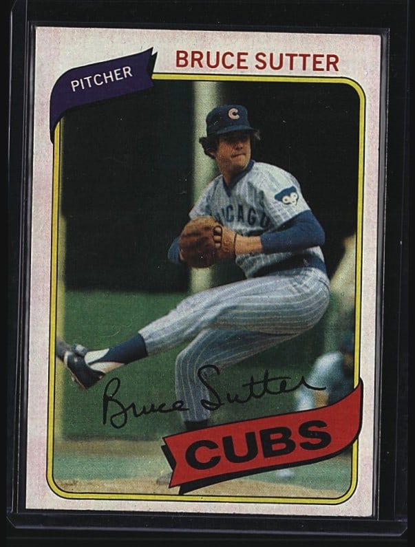 1980 Topps Base Set #17 Bruce Sutter Baseball: 1980 Topps Bruce Sutter #610 Chicago Cubs pitcher baseball card. Raw single in very good condition with visible wear consistent with age. The card shows Sutter in his Cubs uniform in pitching position