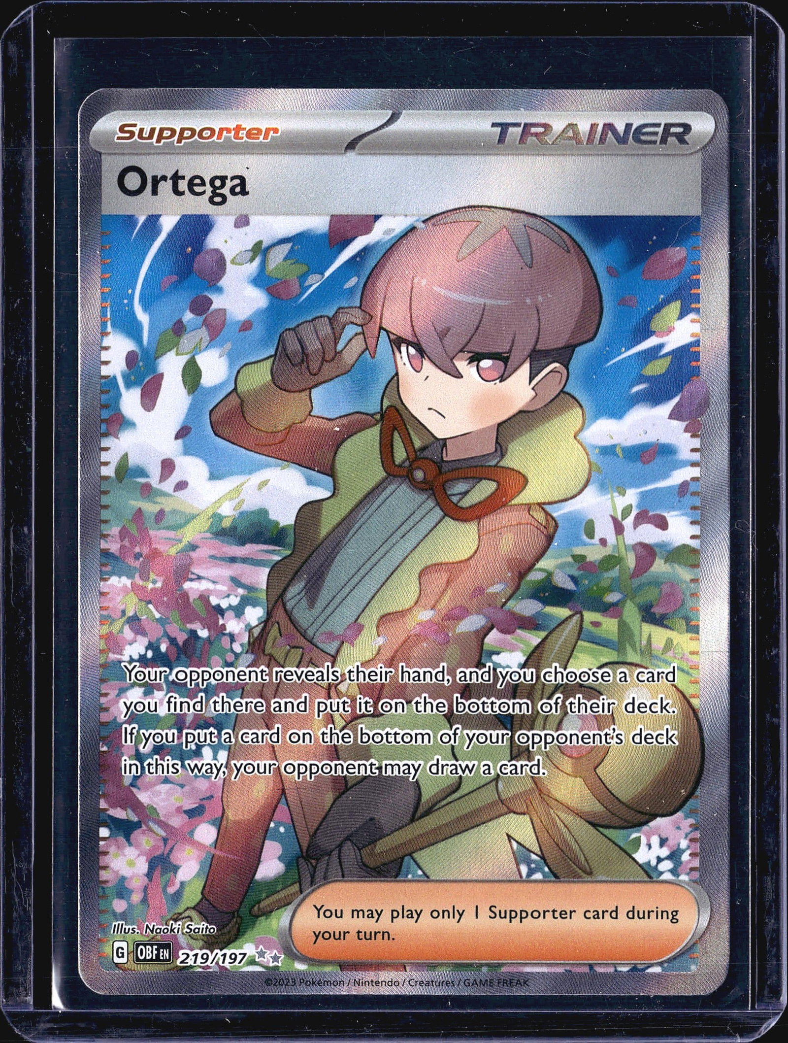 2023 Pokemon Obsidian Flames 219/197 Ortega Full: This listing features Ortega 219/197 from the 2023 Pokemon Trading Card Game set Obsidian Flames (set code OBF). Ortega is a Supporter Trainer card with a stunning full art Special Illustration Rare