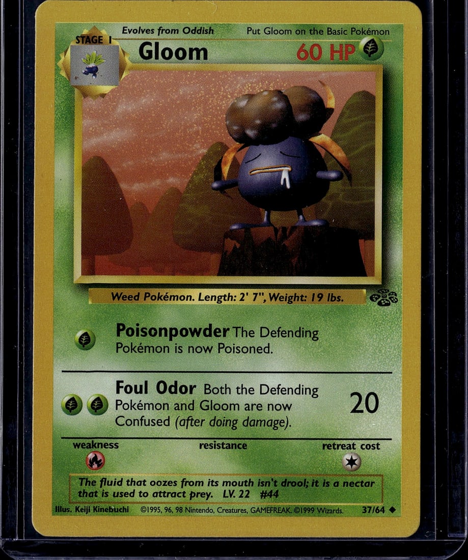 1999 Pokemon Base Set Gloom #37/64 Stage 1 Weed: This is an authentic 1999 Pokemon Base Set Gloom card (#37/64), a Stage 1 Weed-type Pokemon that evolves from Oddish. The card features the classic artwork by Keiji Kinebuchi and displays Gloom's