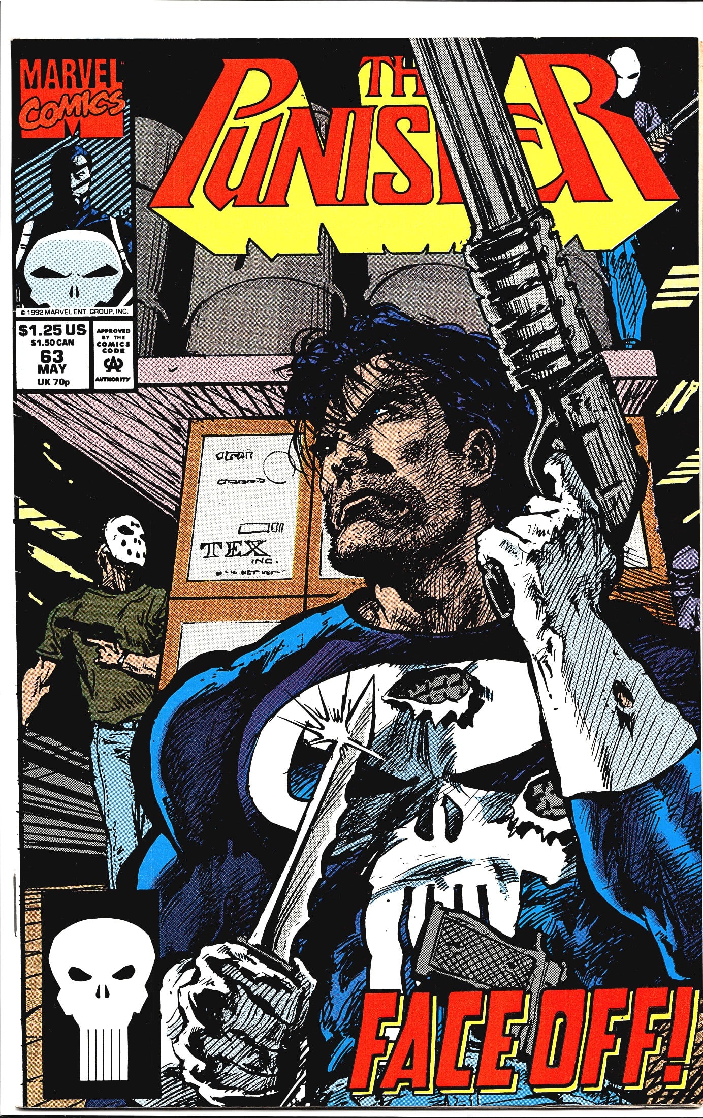 1992 Marvel The Punisher 2nd Series #63 Comic: This is The Punisher #63 published by Marvel Comics, cover dated May 1992. The cover art, titled 'Face Off!', features the Punisher in close-up holding a large firearm, wearing his iconic skull logo